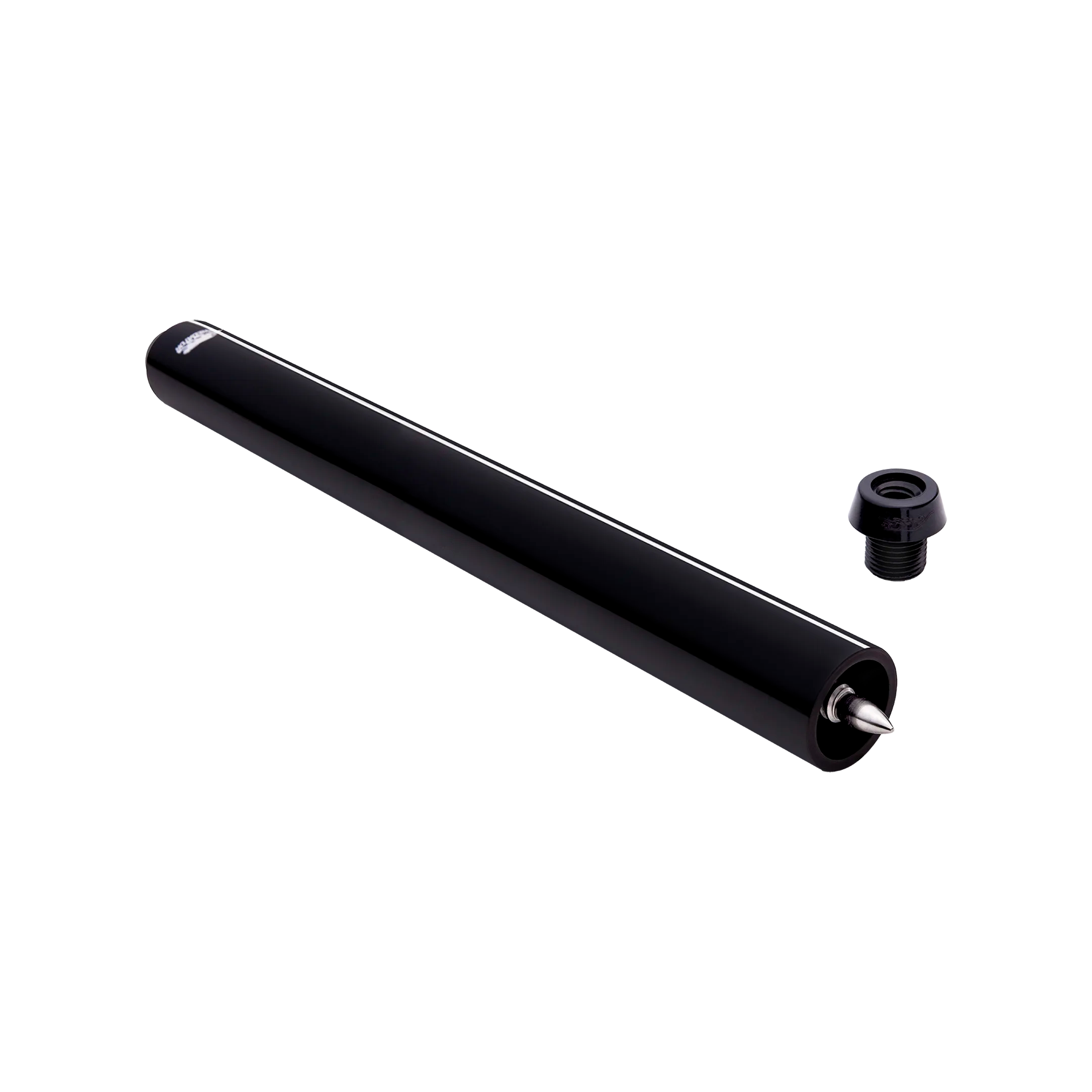 Black cylindrical pool cue extender with black screw-in cue bumper.