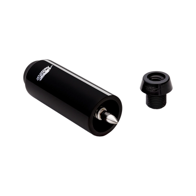Shiny, cylindrical pool cue extension with black screw-in cue bumper.