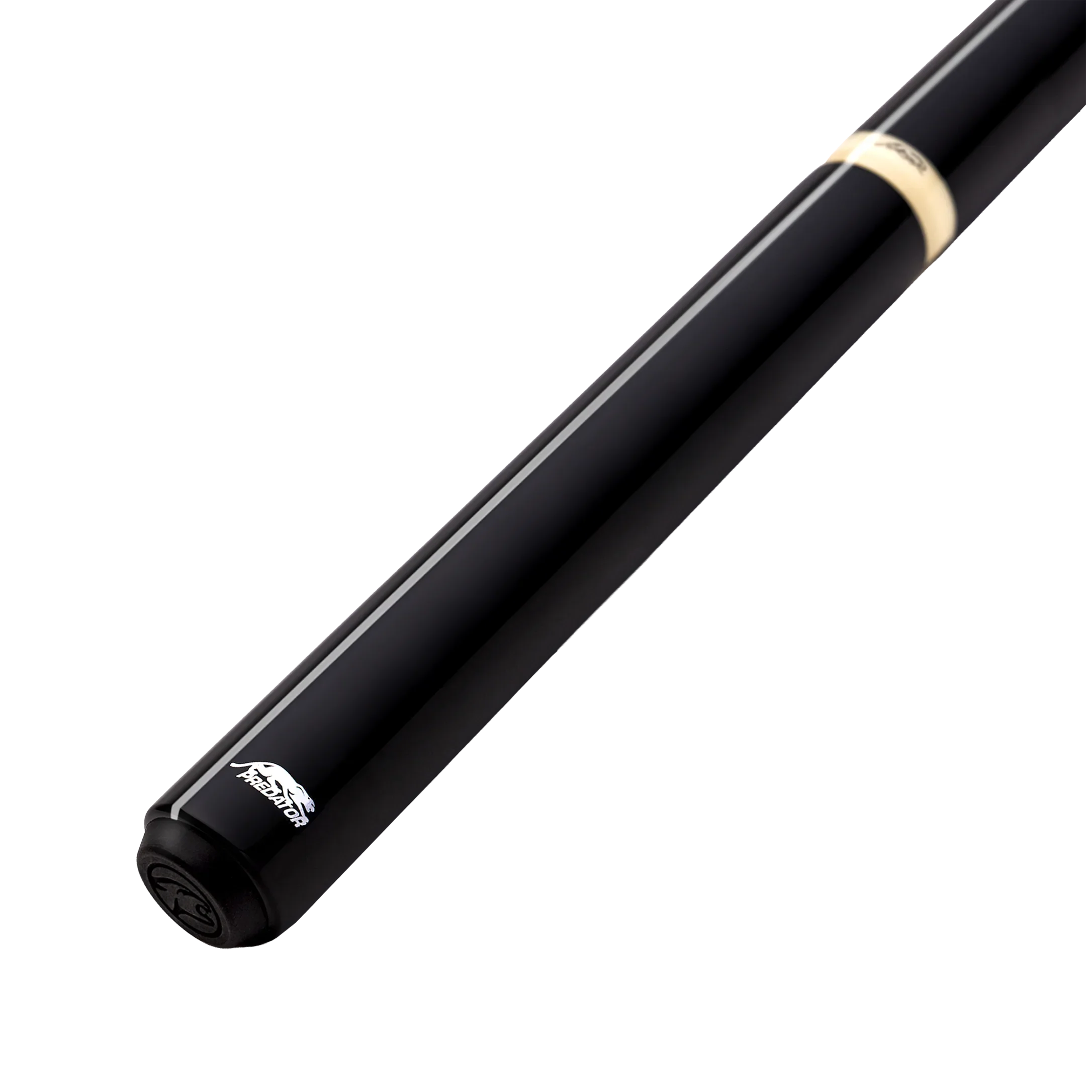 Black pool cue with pale band on a white background. White predator logo on the bottom.