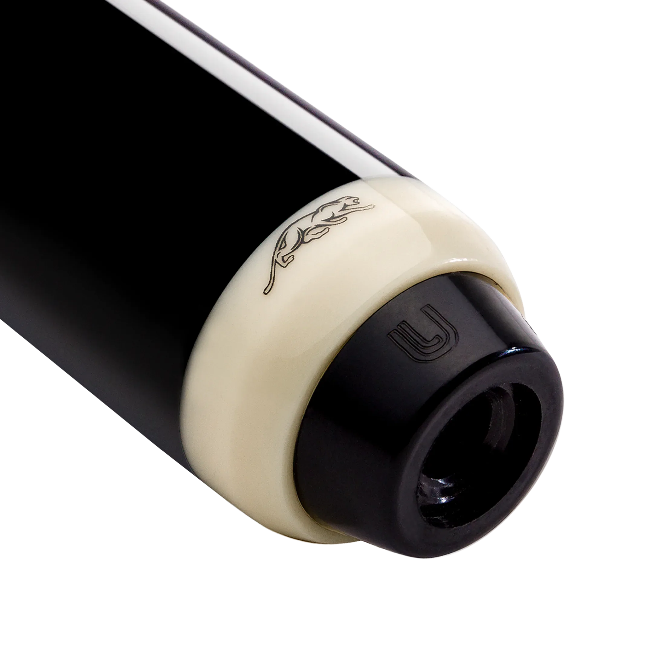 Close-up shot of black pool cue with white ring on bottom with Predator cat logo.