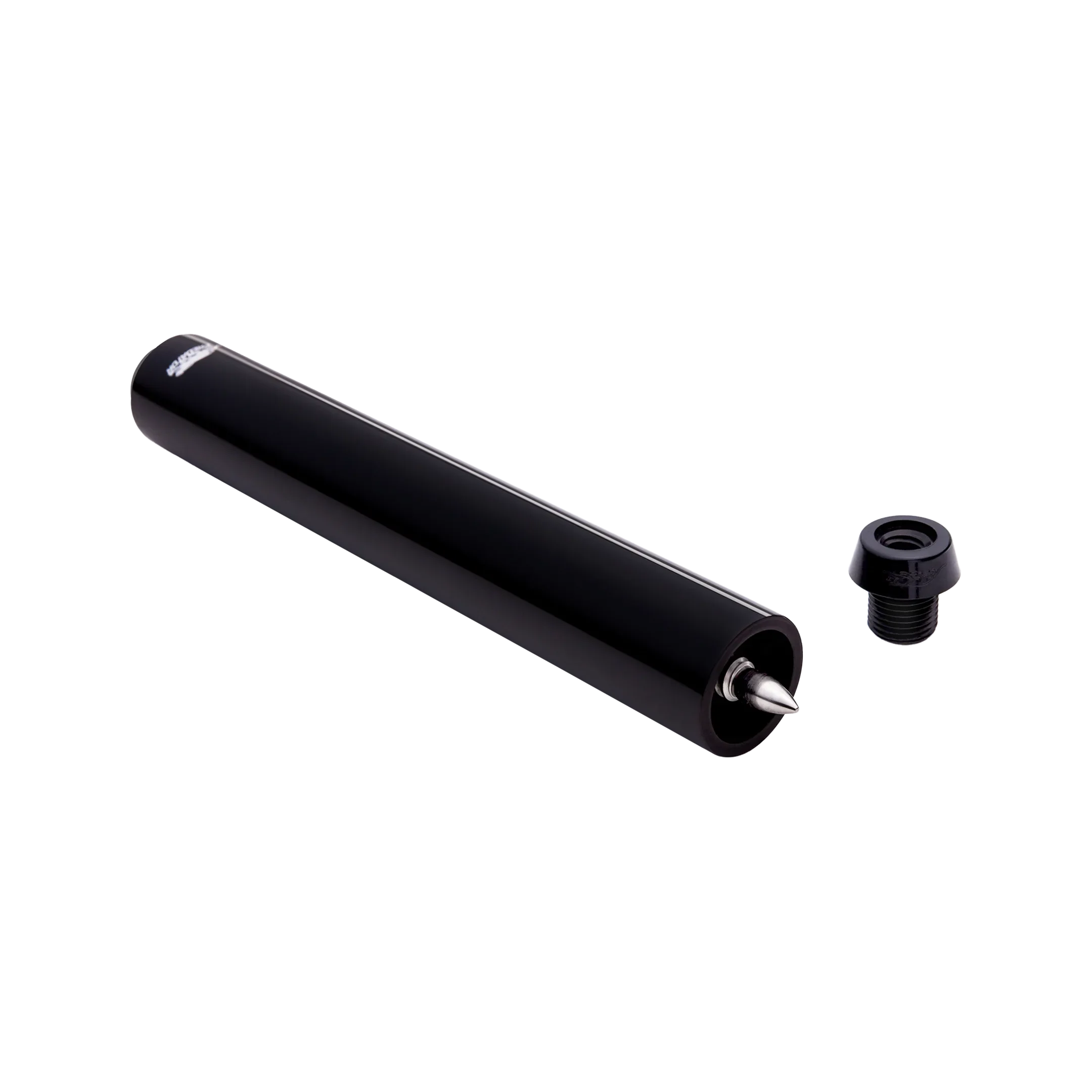 Black cylindrical pool cue extension with a black screw-in cue bumper