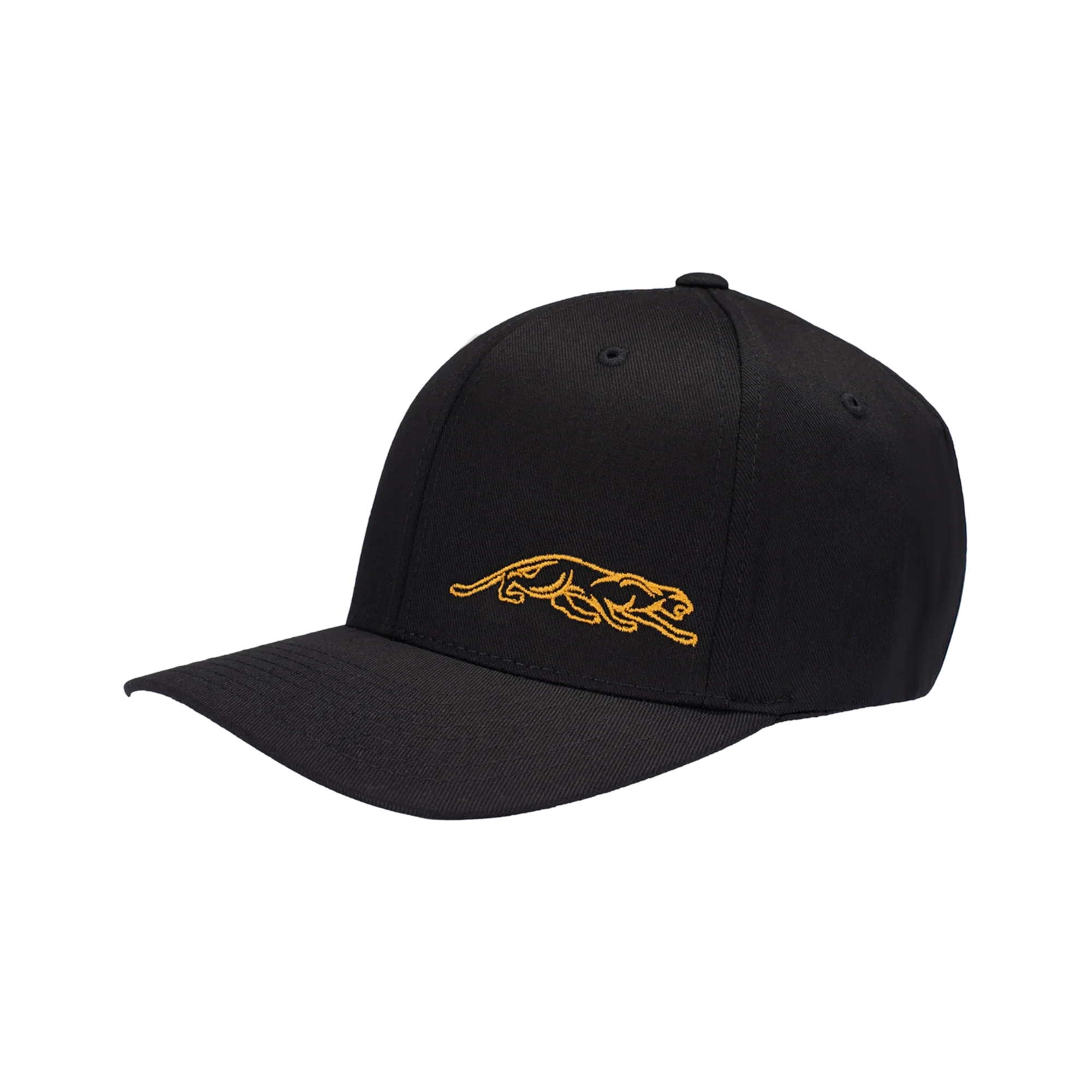 Black baseball cap with gold embroidered panther logo against a white background.