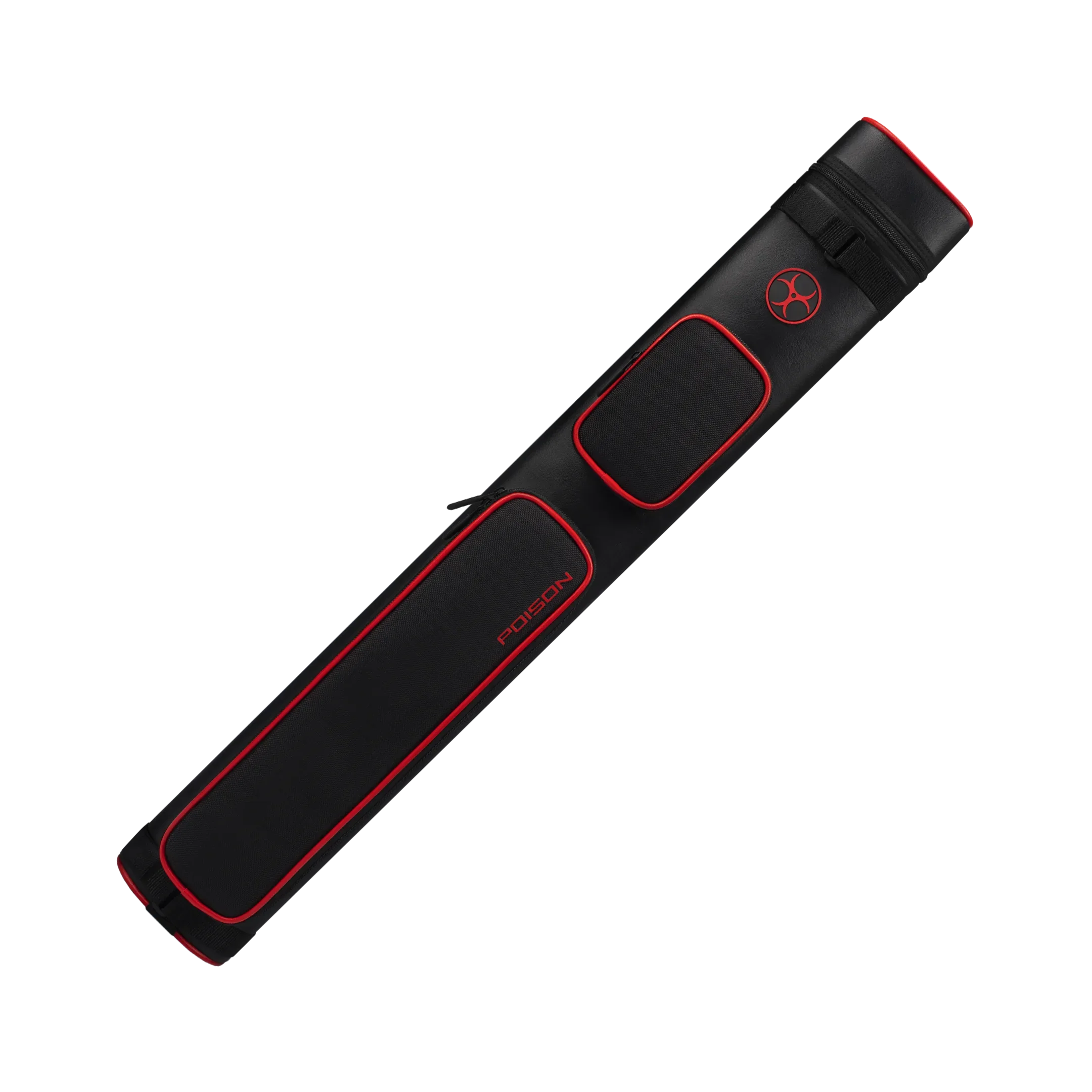 Black and red pool cue case with a POISON logo and red biohazard symbol