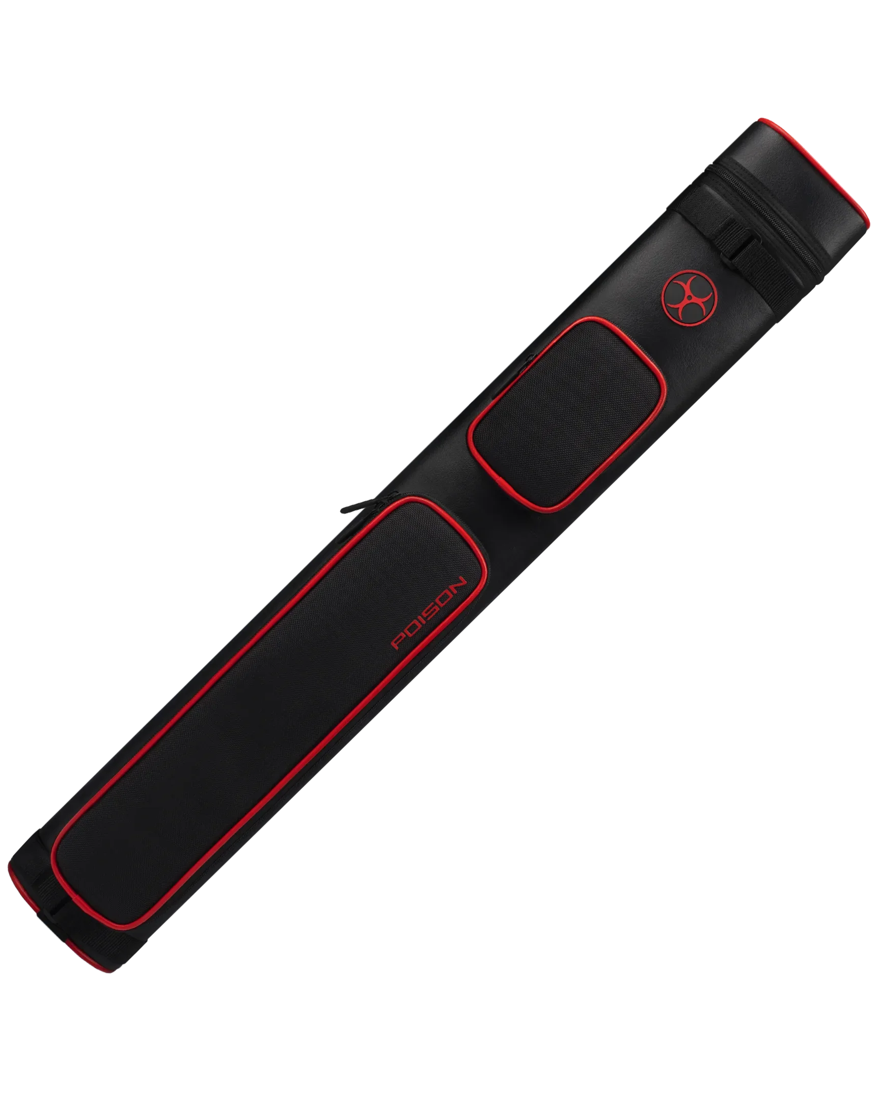 Black and red pool cue case with a POISON logo and red biohazard symbol