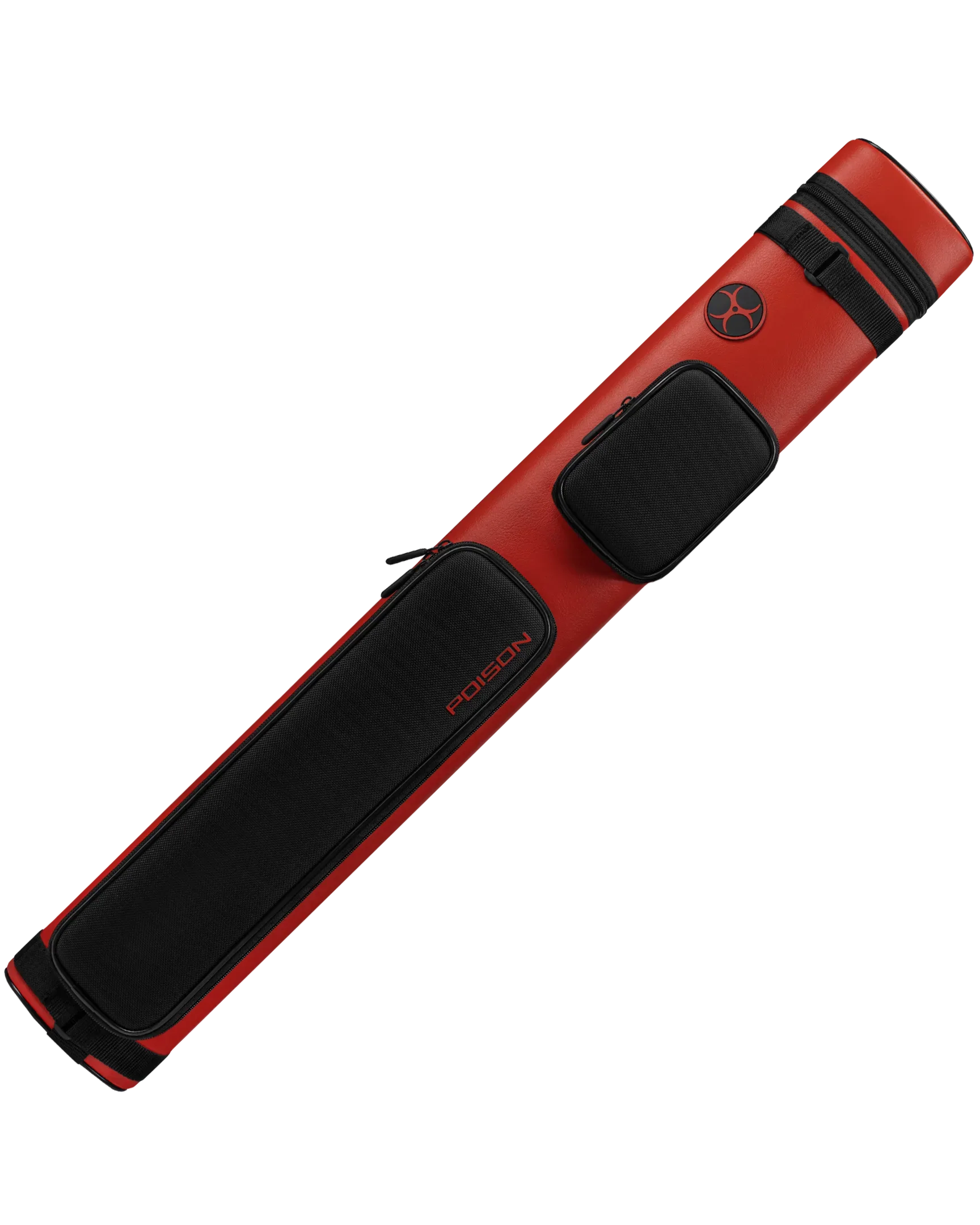 Red and black pool cue case with POISON logo and red biohazard symbol