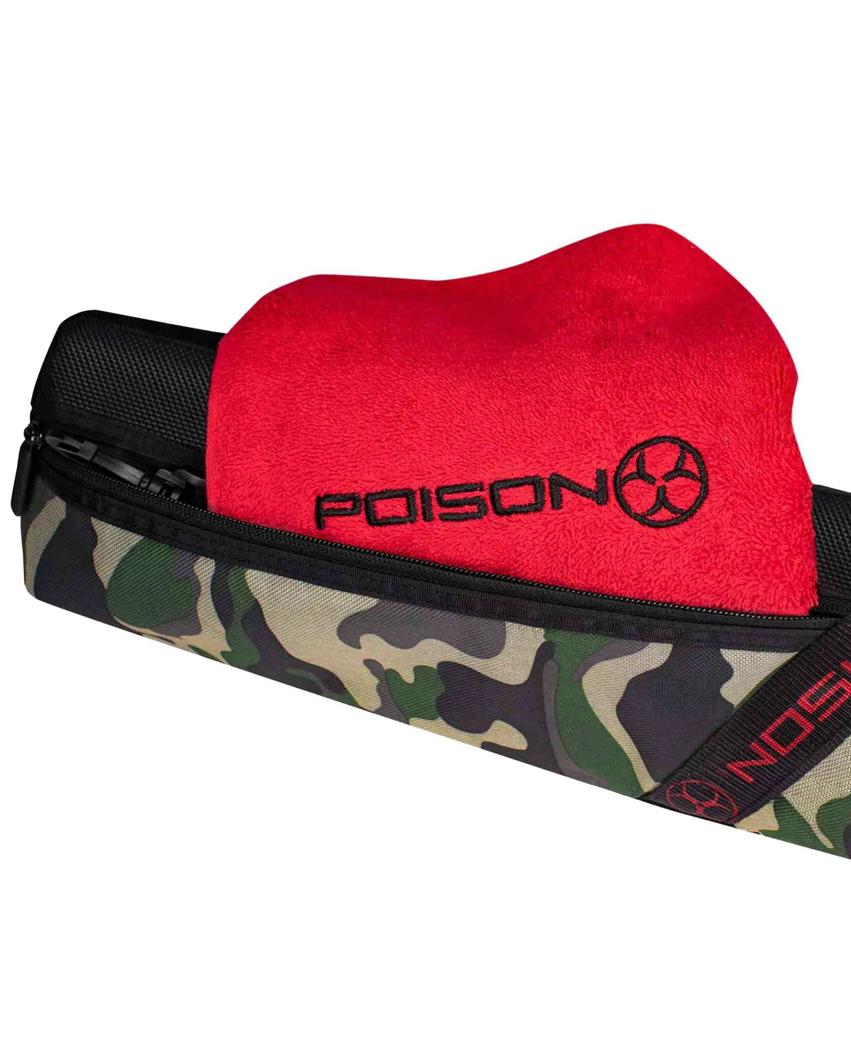 Camouflage pool cue case with red billiard towel featuring 'POISON'