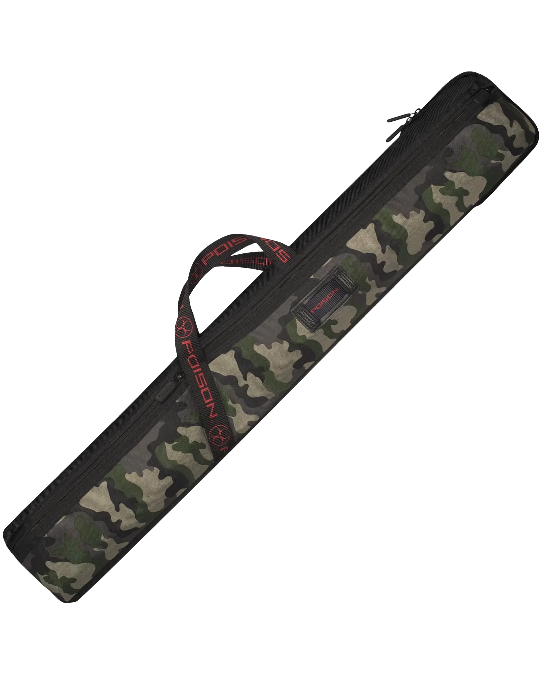 Camouflage-patterned pool cue case with a red handle and POISON logo on a white background.