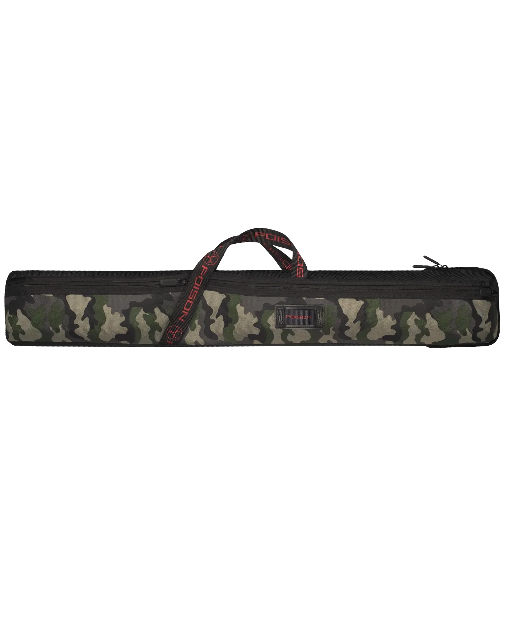Camouflage-patterned pool cue case with a handle and POISON logo