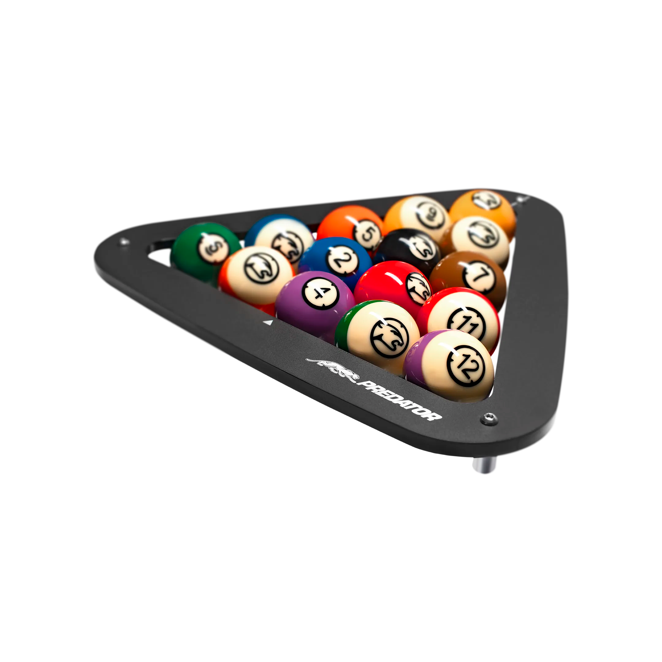 Triangular black pool ball rack with billiard balls