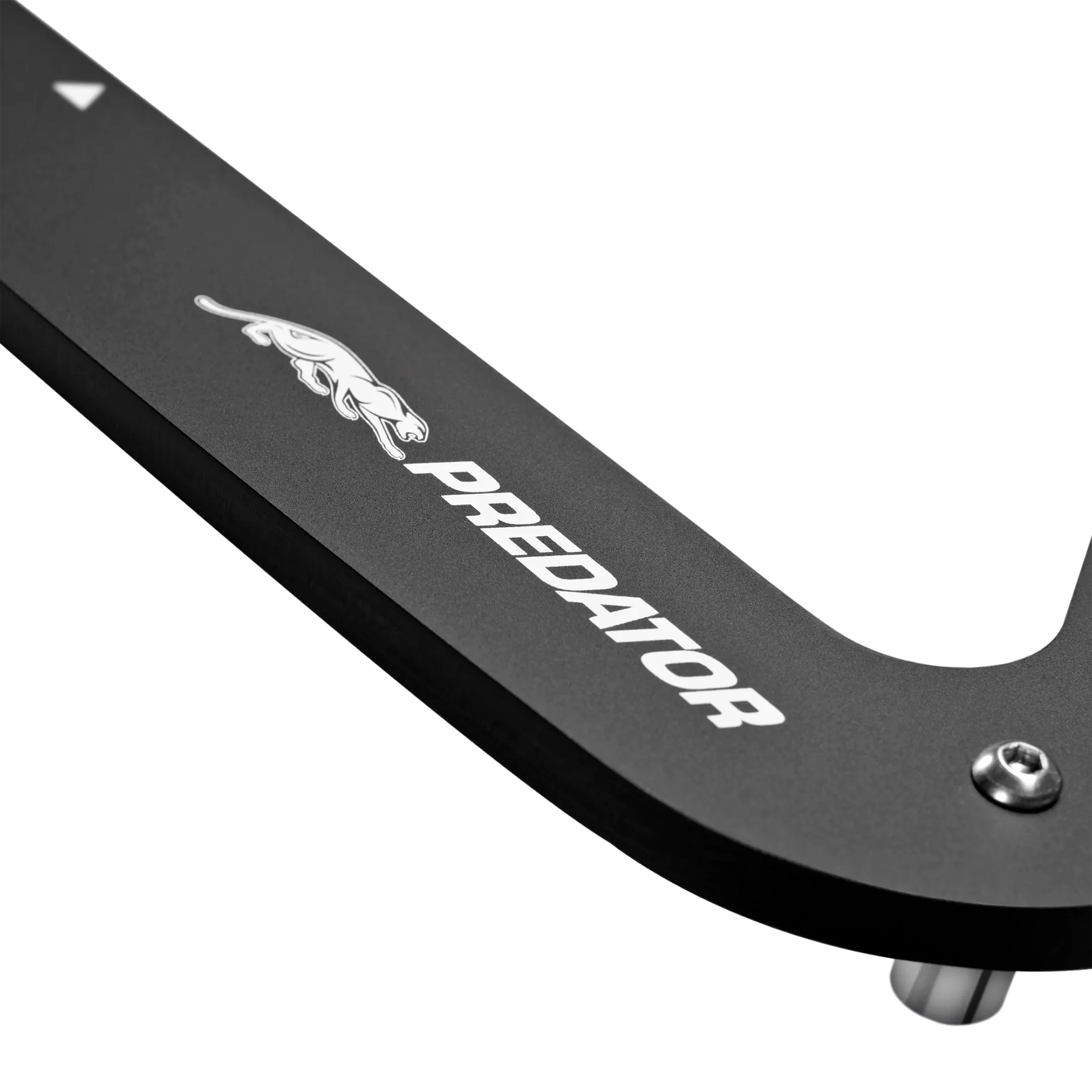 Closeup of black pool ball rack with white Predator logo