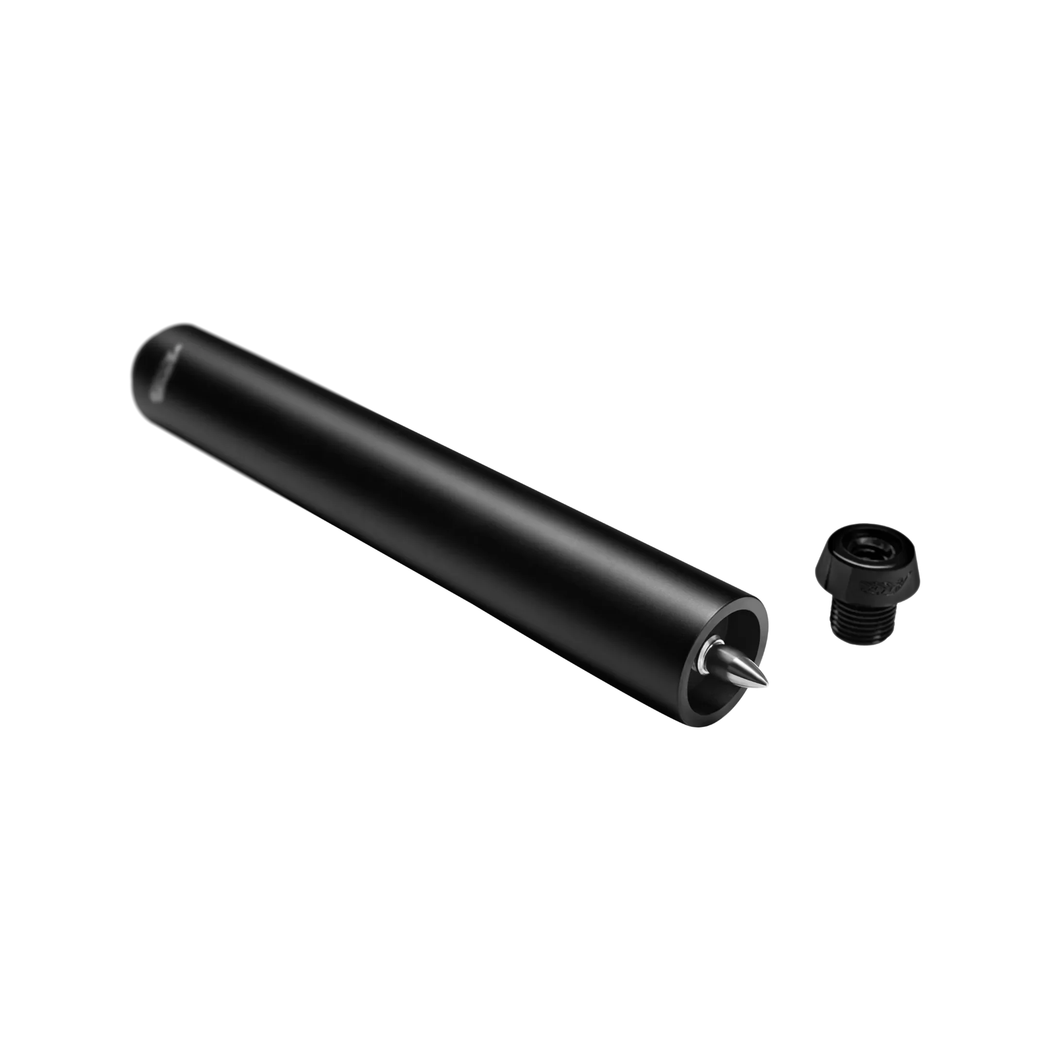 Matte black cylindrical pool cue extension with screw-in black cue bumper.