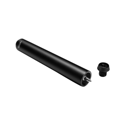 Matte black cylindrical pool cue extension with screw-in black cue bumper.