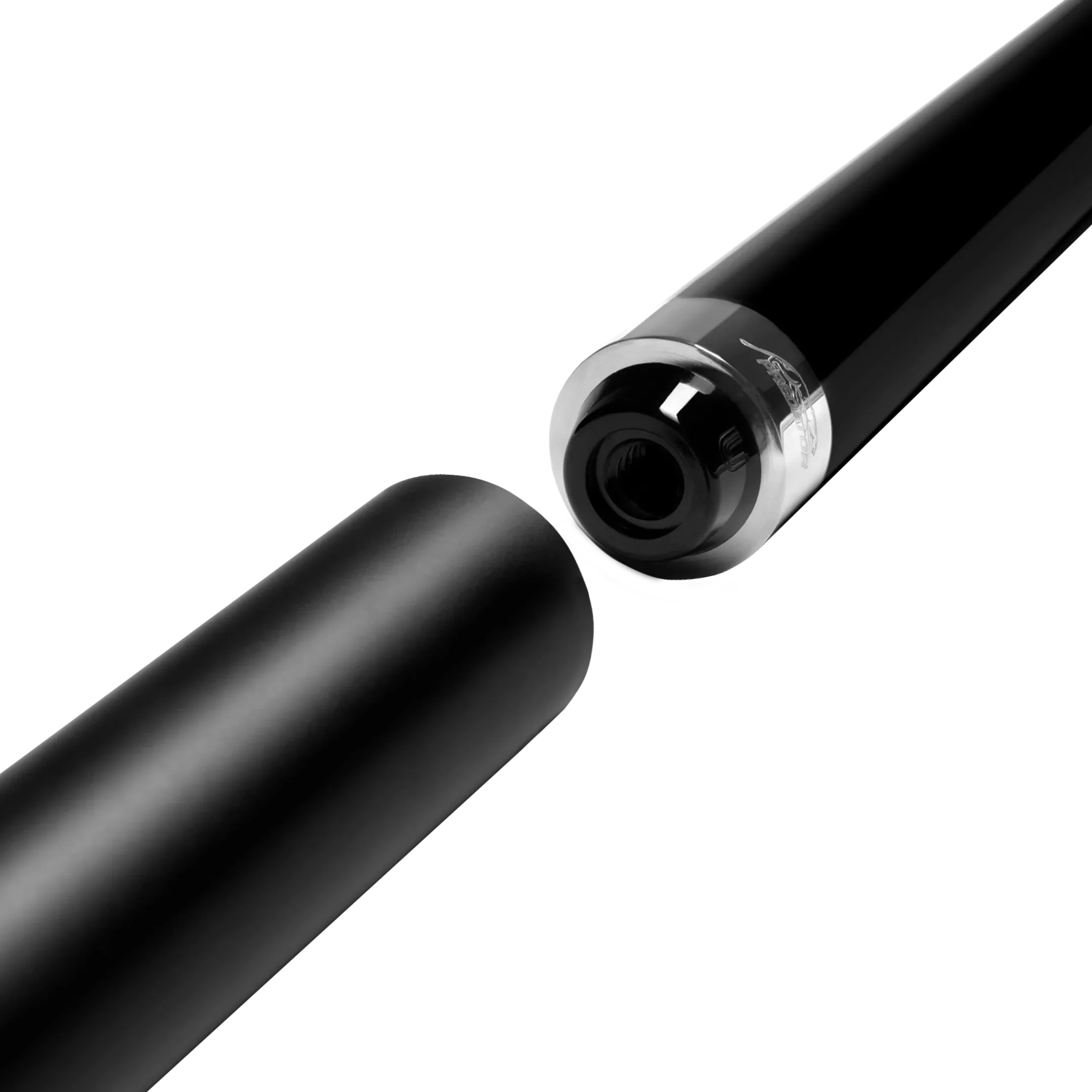 Matte black cylindrical pool cue extension posed next to black pool cue butt.