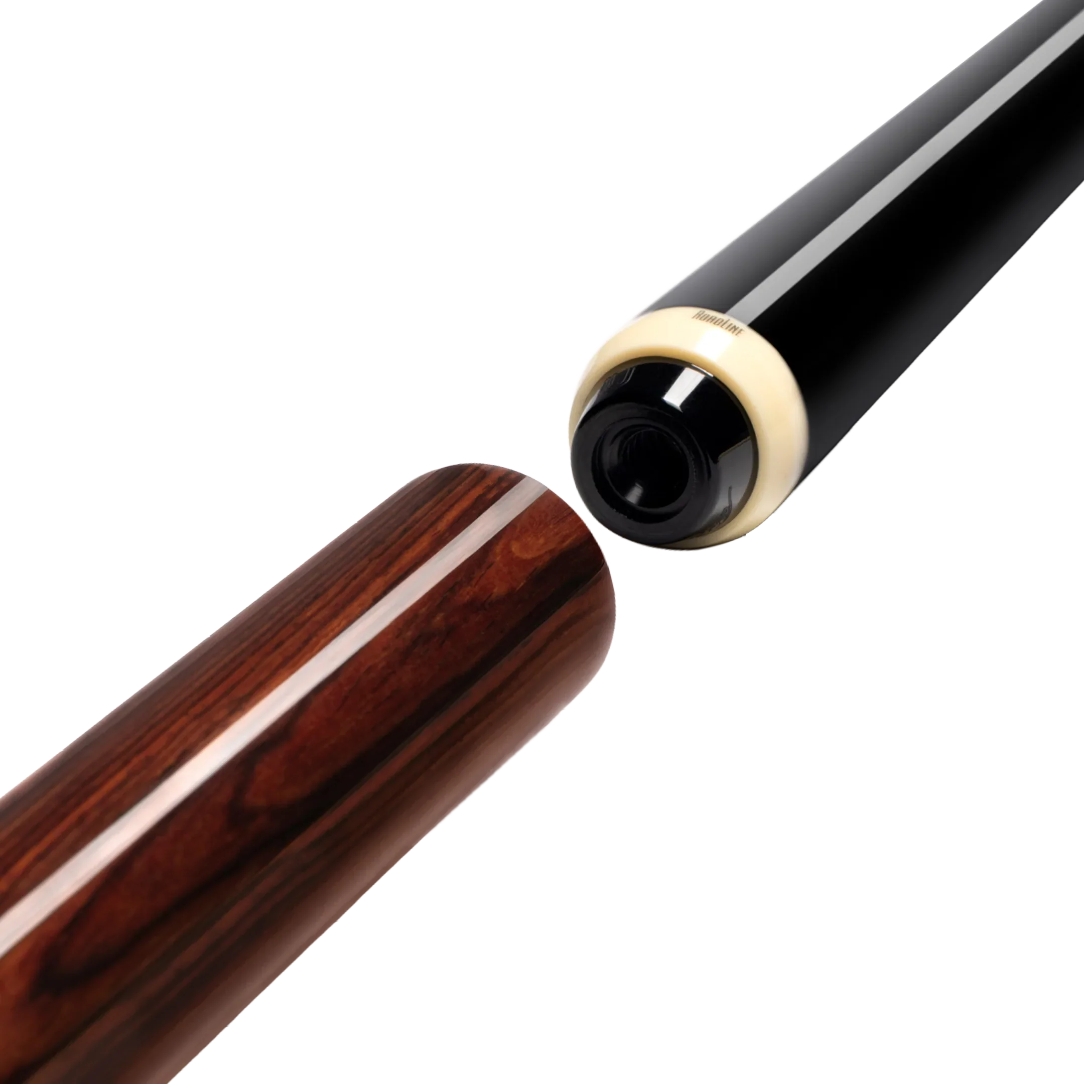 Brown polished wood cue stick extension positioned near pool cue butt.