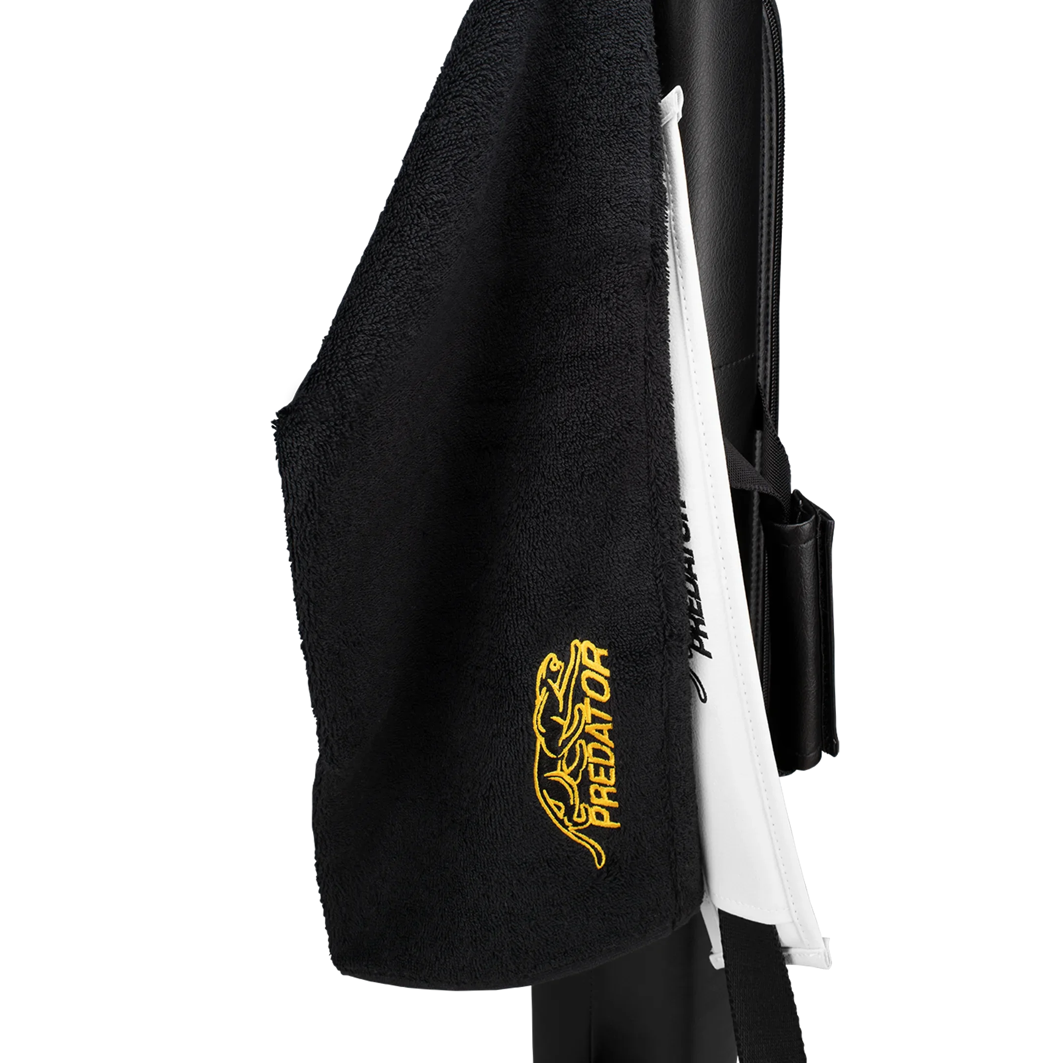 Predator Black towel clipped to a pool case