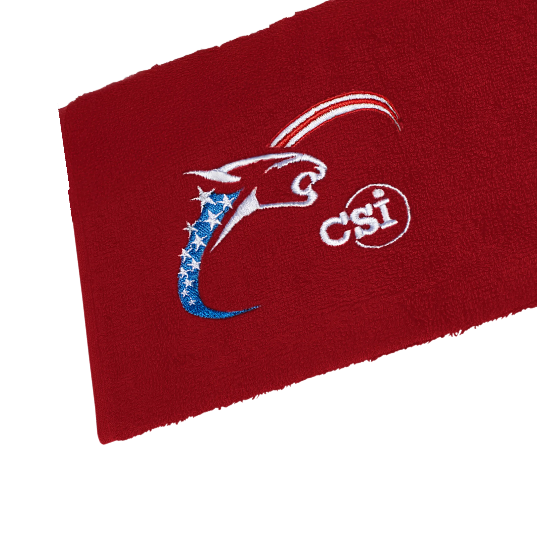 Red towel with embroidered cat head logo and 'CSI' text