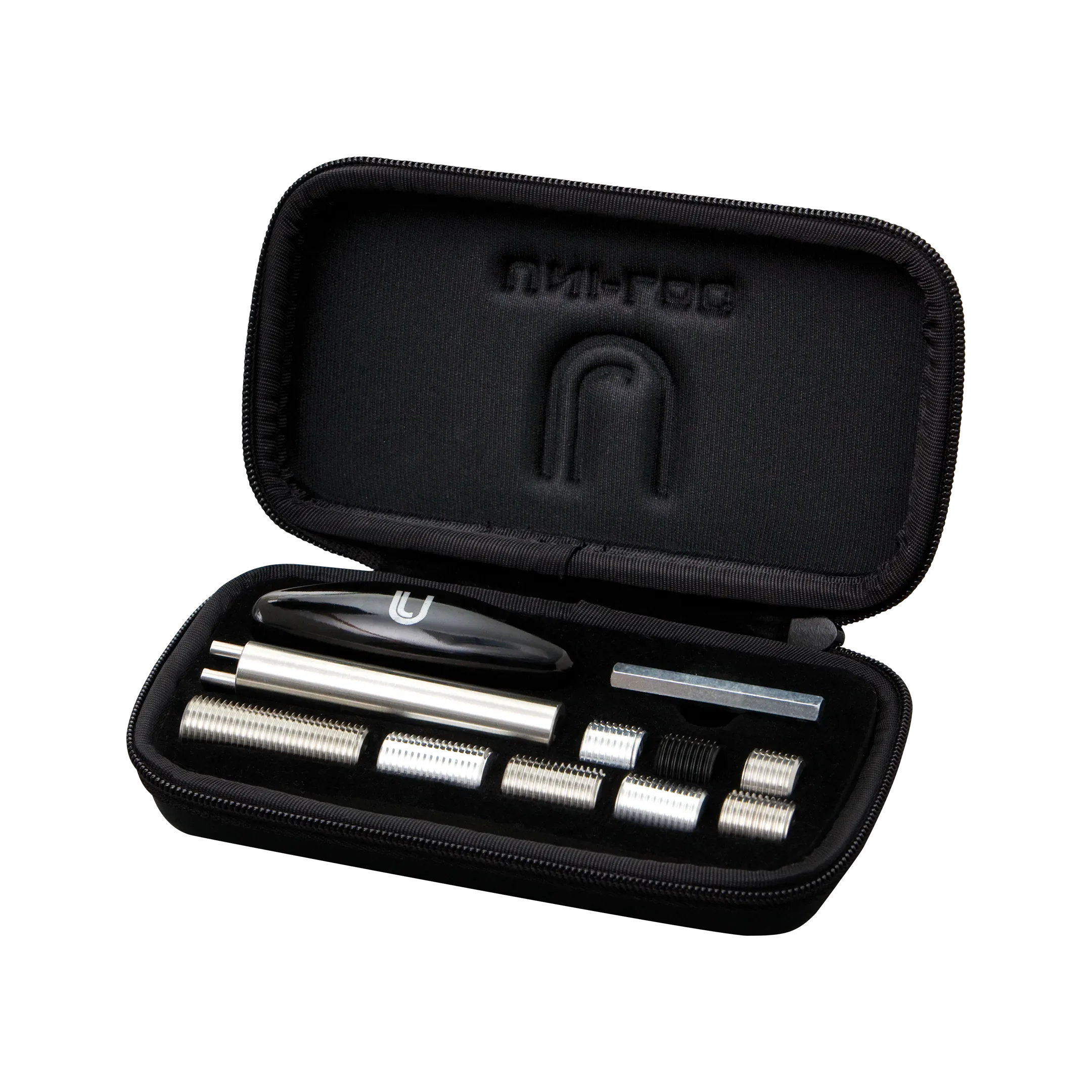 Black rectangular zippered case, open to reveal metal weight bolts.