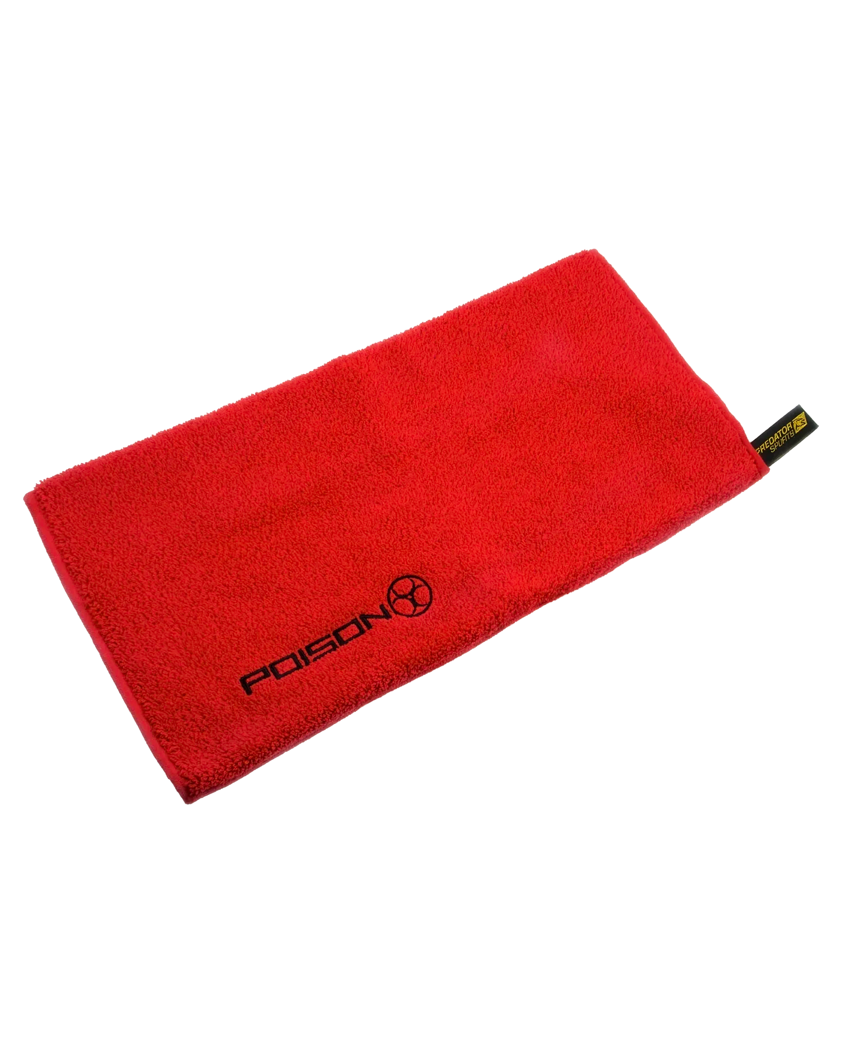 Red towel with black Poison logo on white background.
