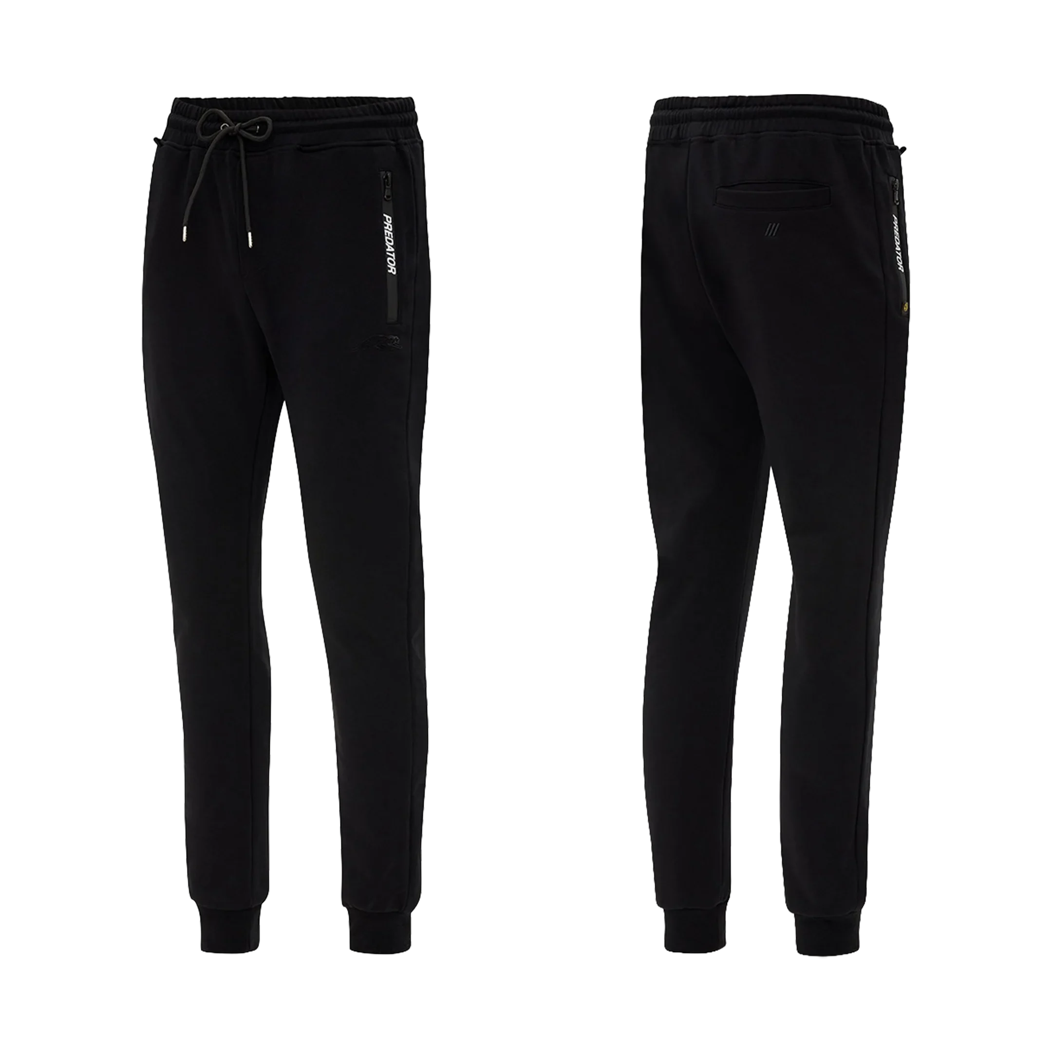 Black jogger pants with a white PREDATOR logo