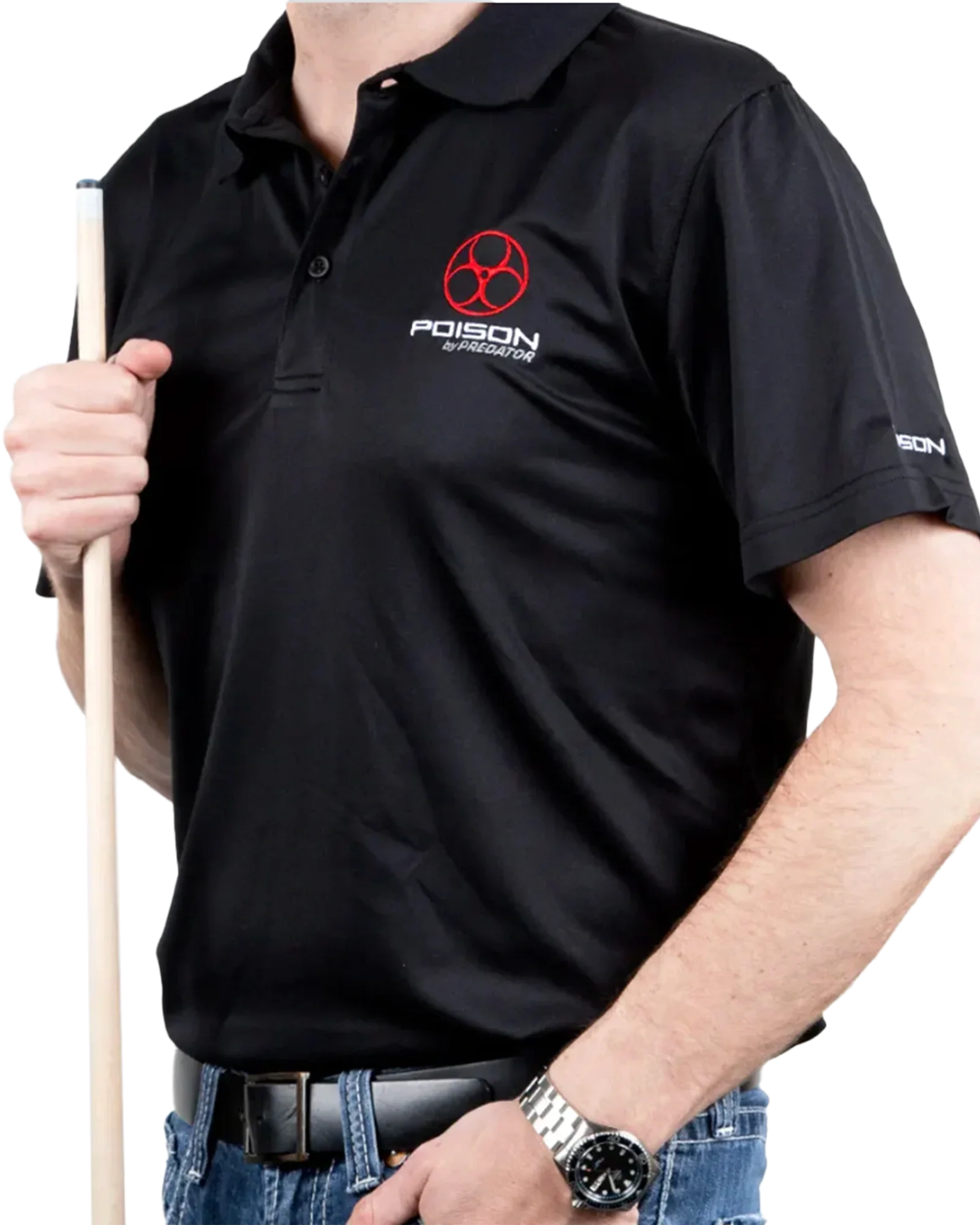 Black polo shirt with red and white Poison by Predator logo on a white background.