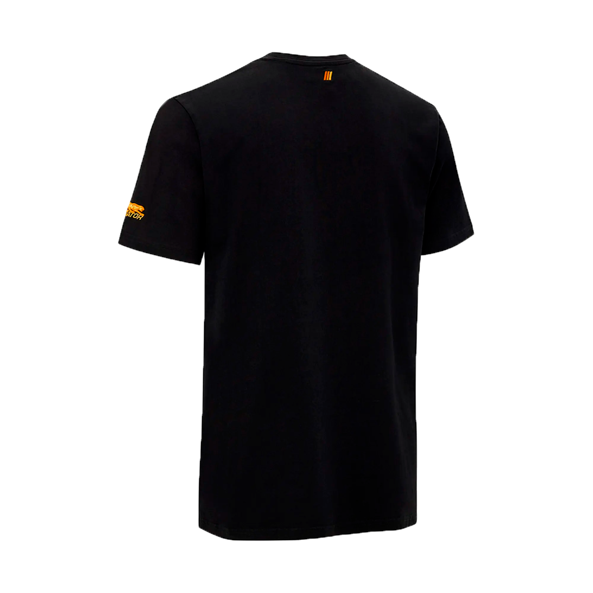 Back view of black t-shirt with gold Predator logo on the sleeve