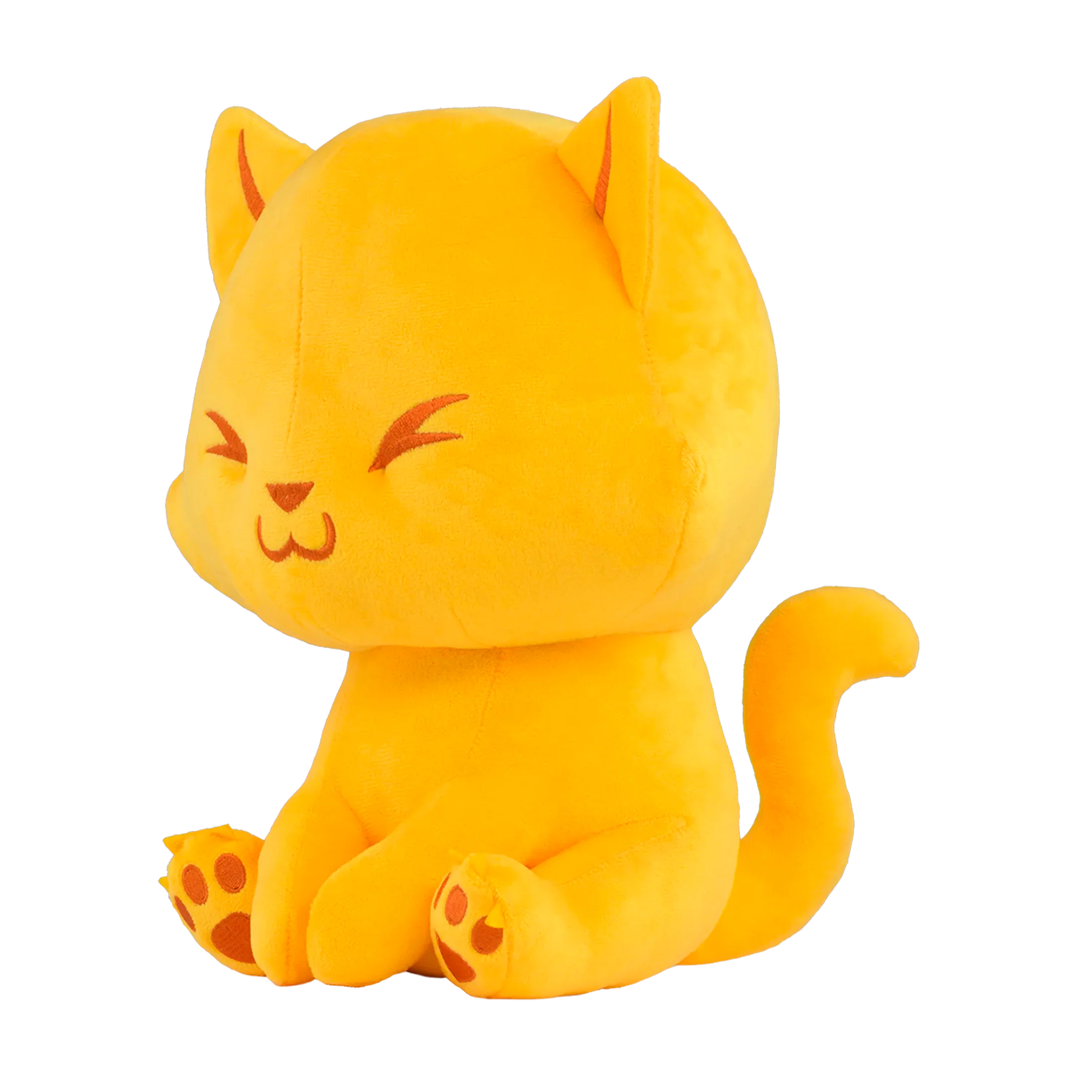 Yellow plush cat toy with a content expression