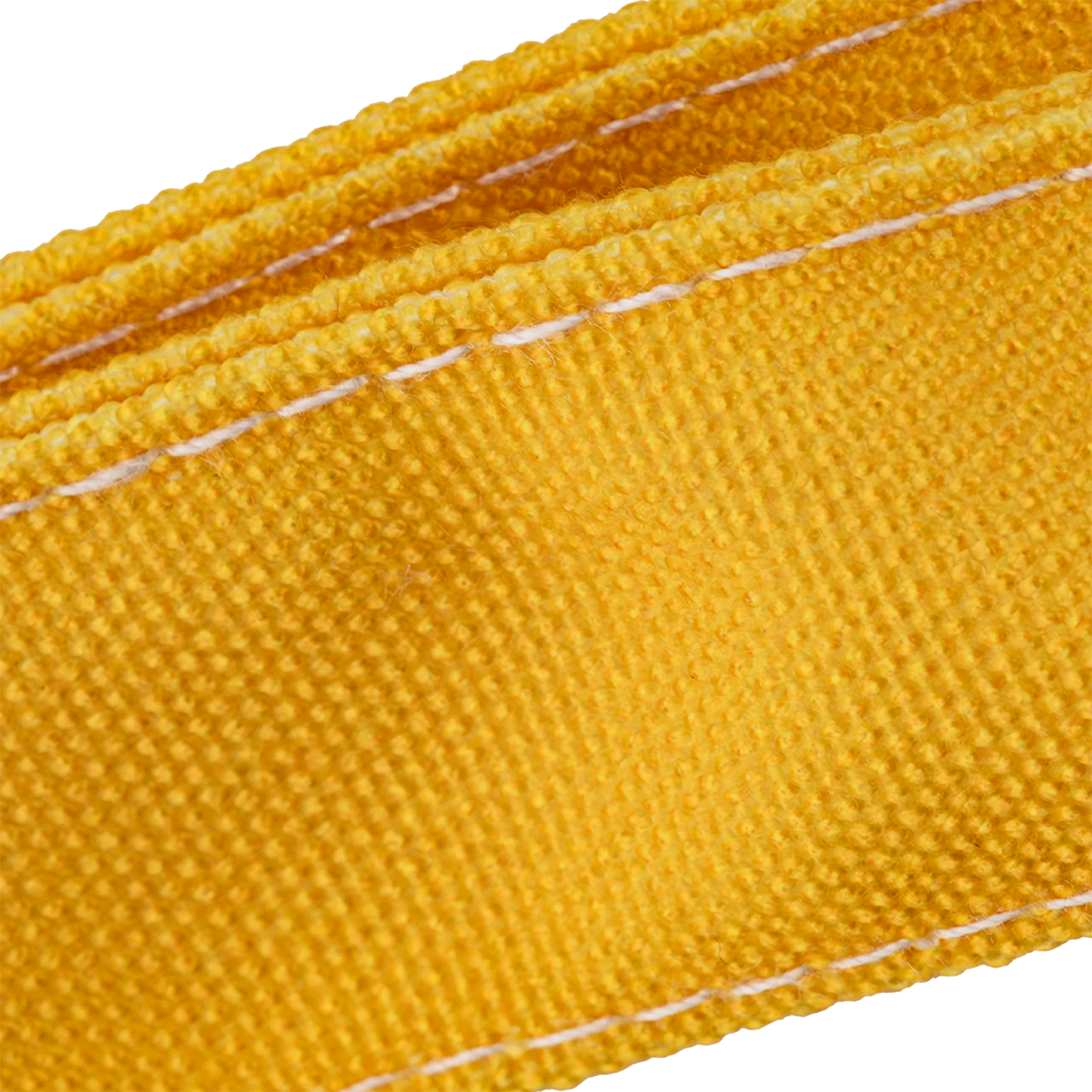 Close-up of a yellow bag strap with white stitching