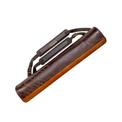 Brown leather pool cue case with double straps and embossed text detailing on a white background.