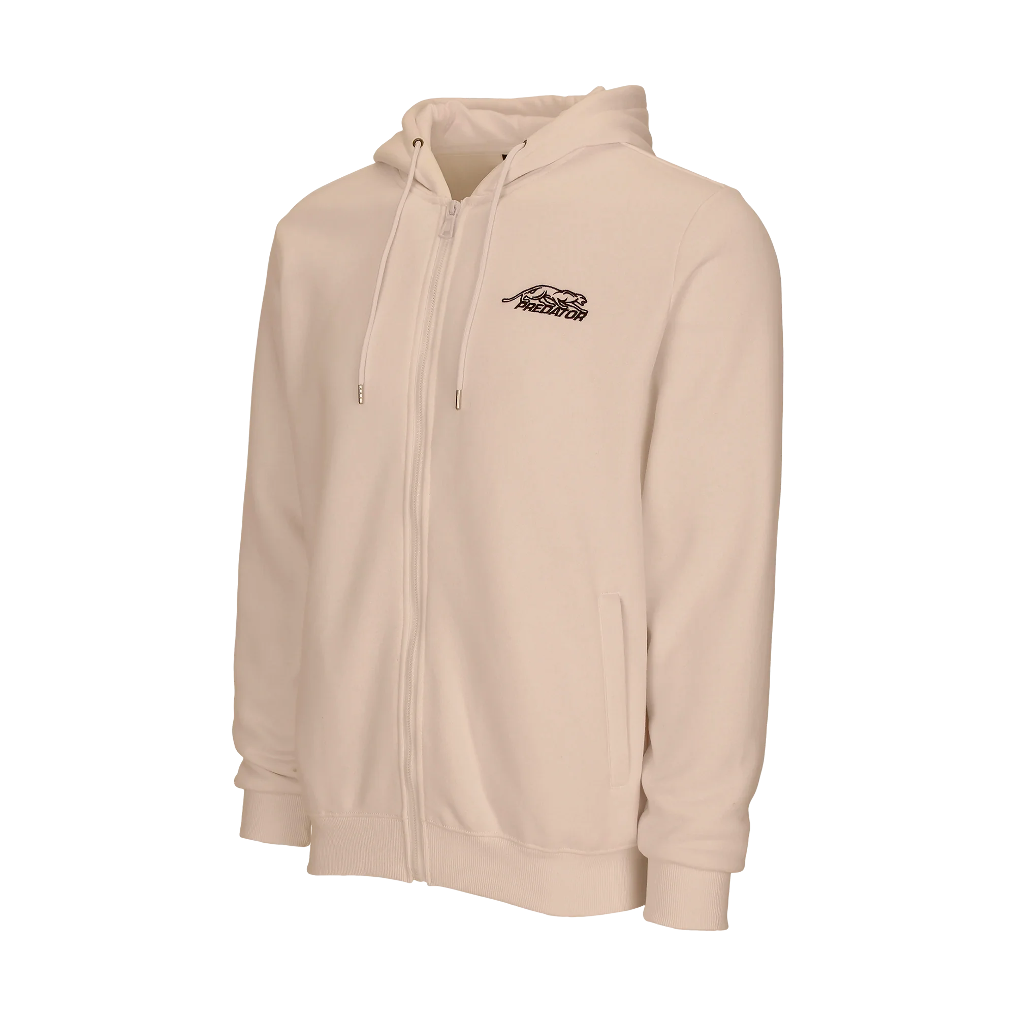Ivory-colored zip-up hoodie with black predator logo