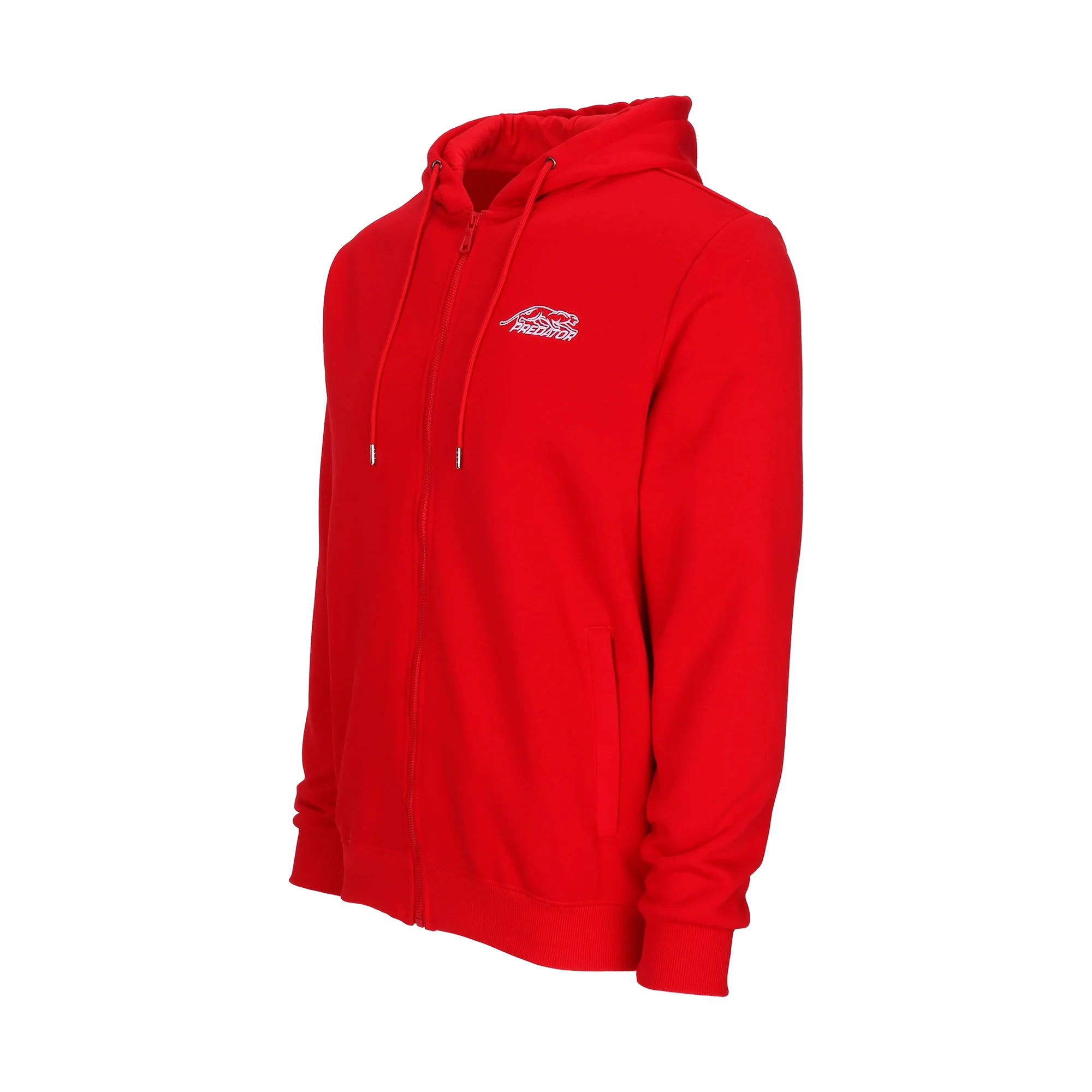 Red zip-up hoodie with white Predator logo