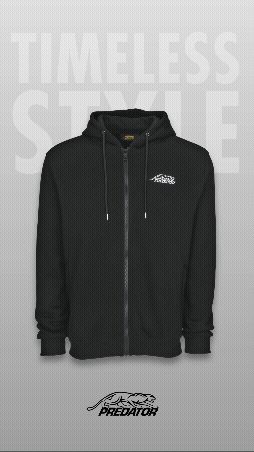 Rotating image of black zip-up hoodie with white PREDATOR logo featuring PREDATOR logo and TIMELESS STYLE text.