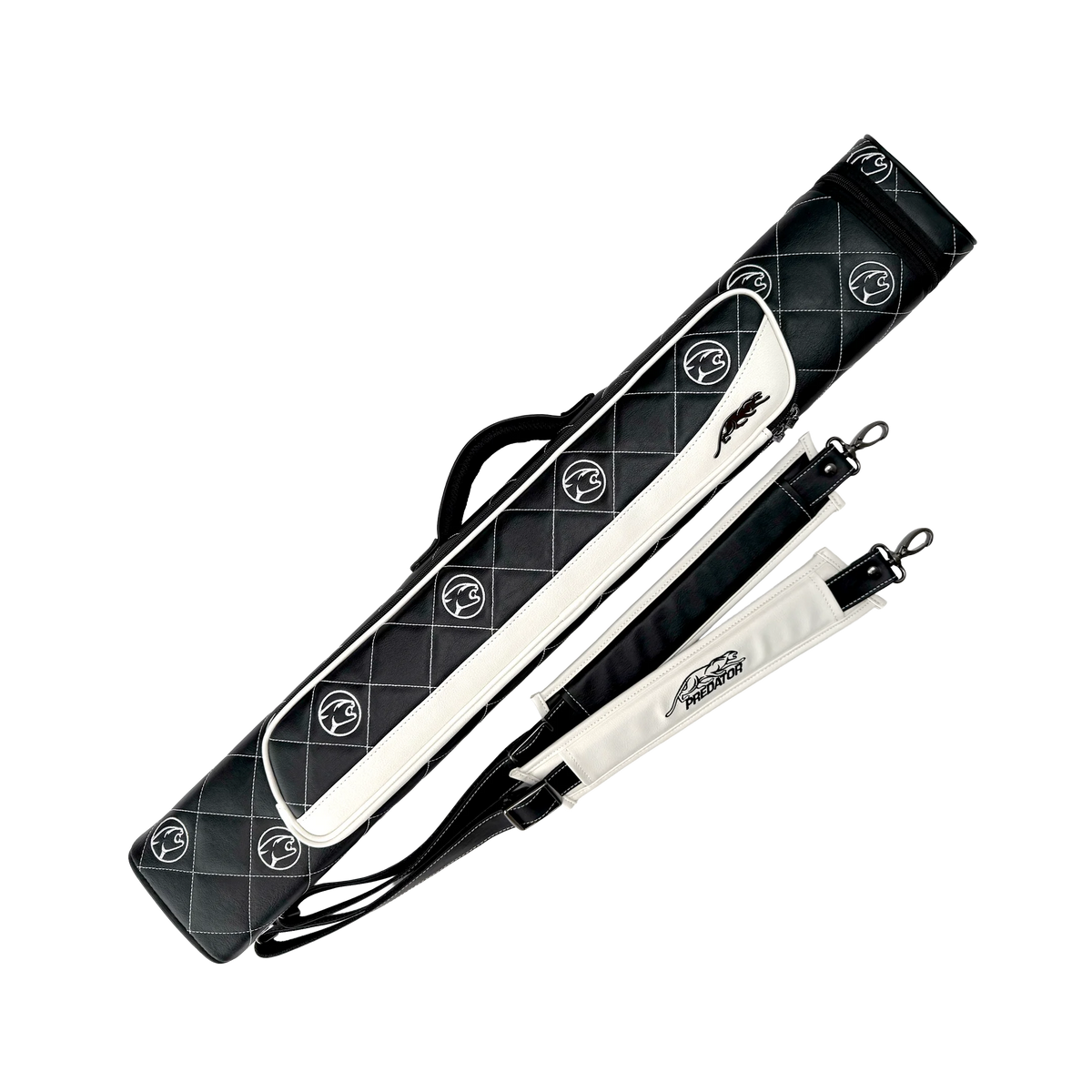 Roadline Cat Head Pool Cue Case Black and White Front Angled With Straps