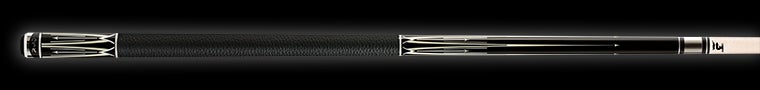 Black retired pool cue with white detailing and black leather wrap