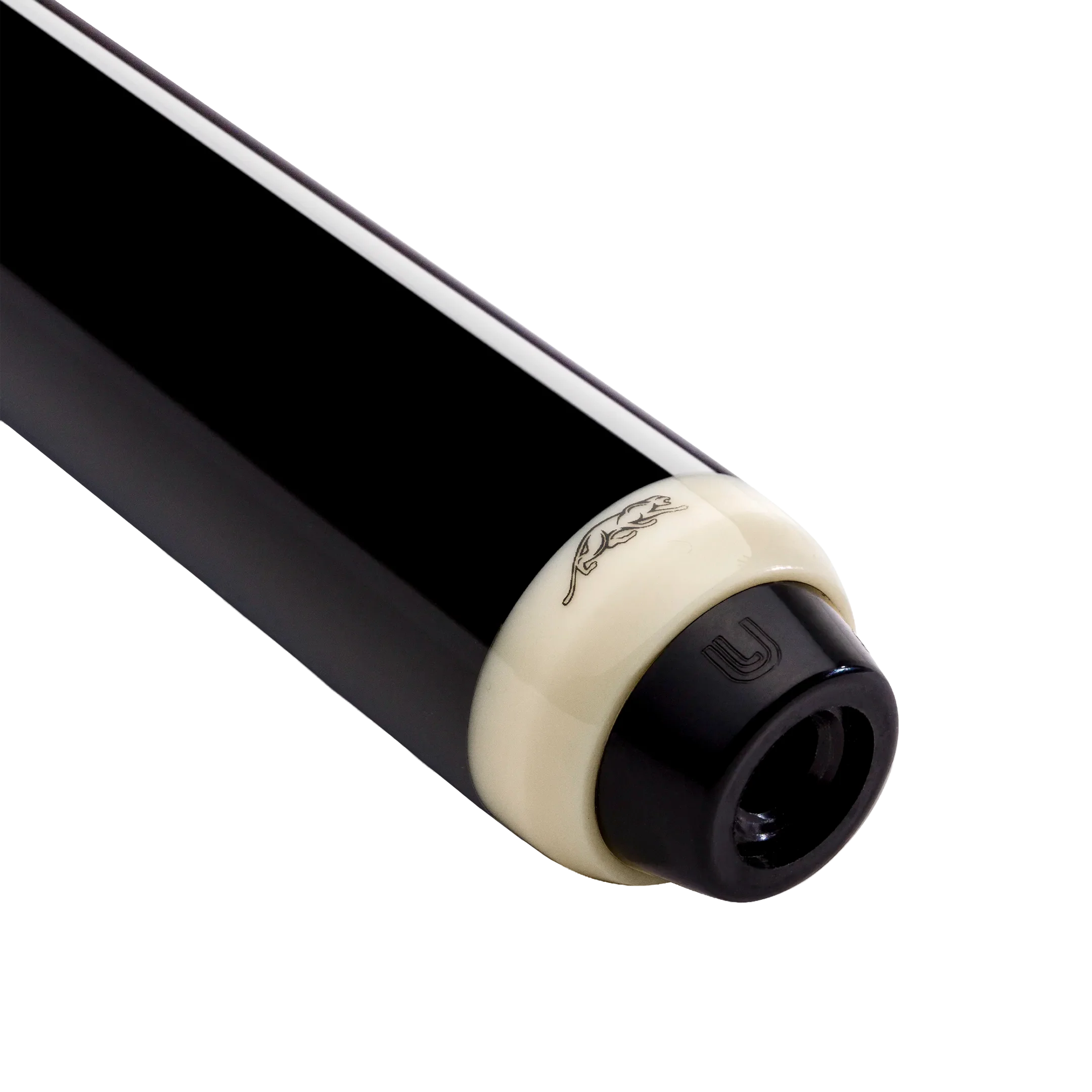 Close-up of a pool cue with black and beige design