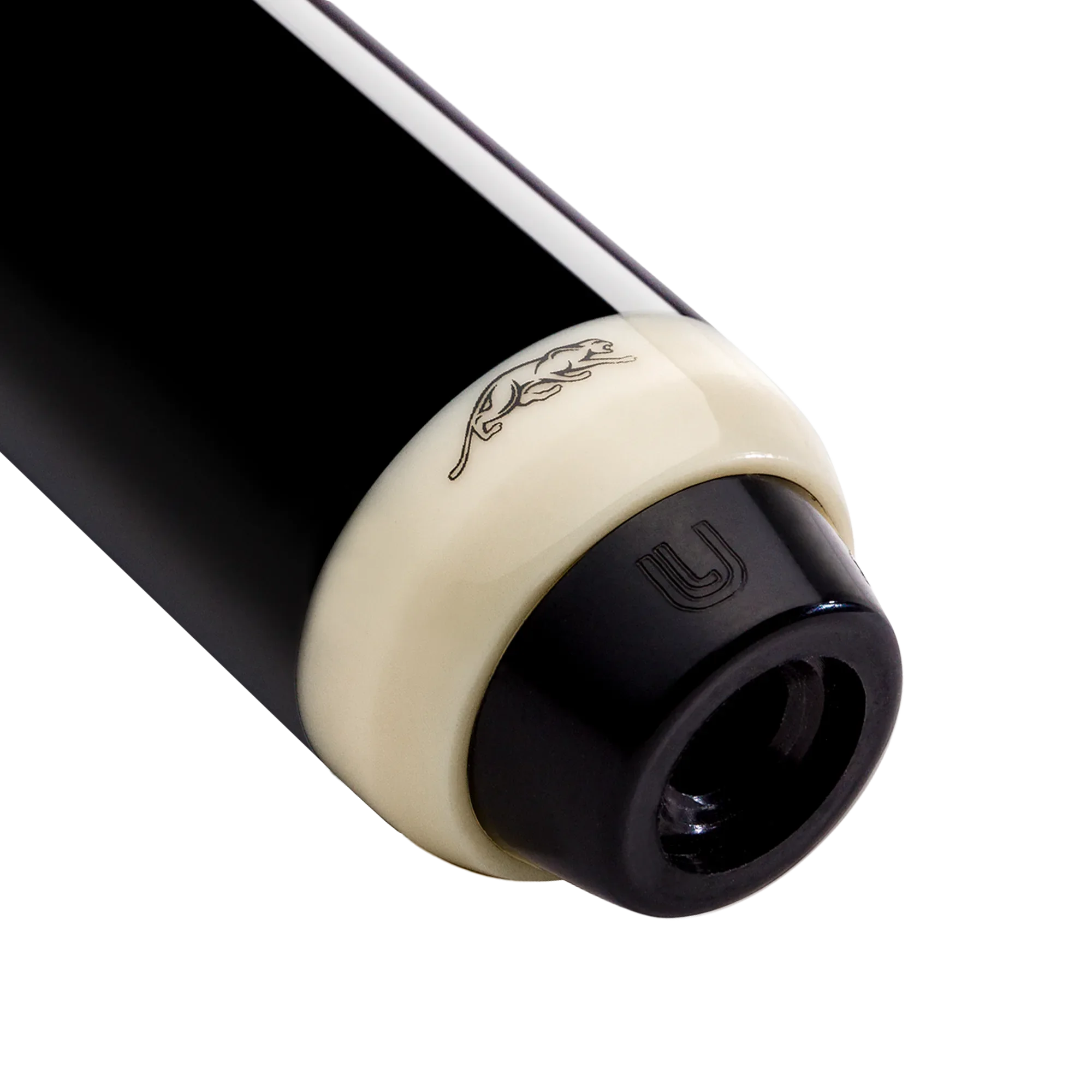 Close-up of a black pool cue butt with white bottom