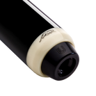 Close-up of a black pool cue butt with white bottom