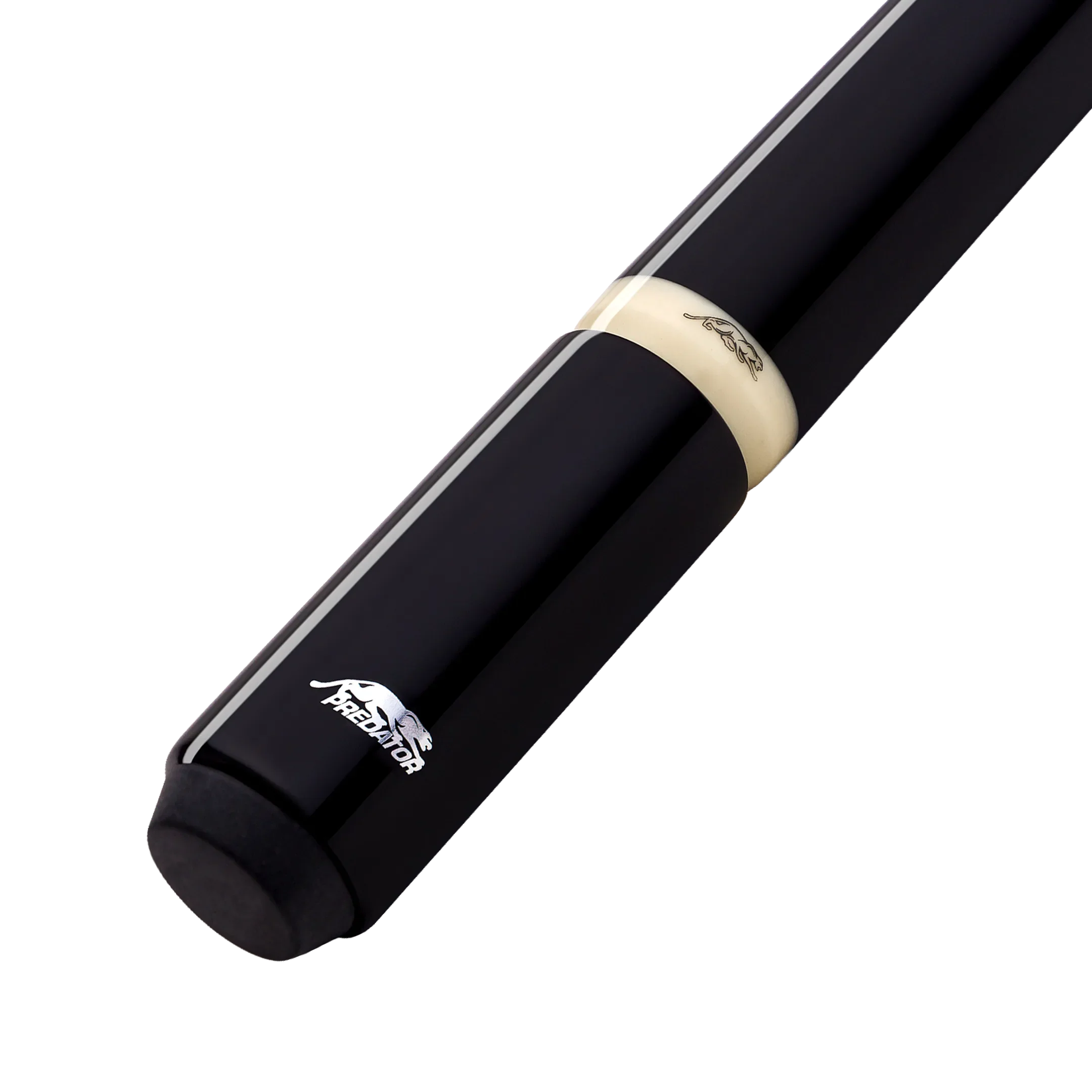 Black pool cue with pale band and logo