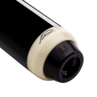 Close-up shot of black pool cue with white ring on bottom with Predator cat logo.