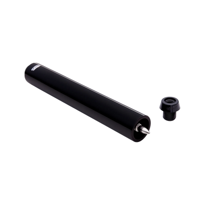 Black cylindrical pool cue extension with a black screw-in cue bumper