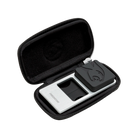 Black and silver rectangular pool cue holder inside black rectangular zippered case.
