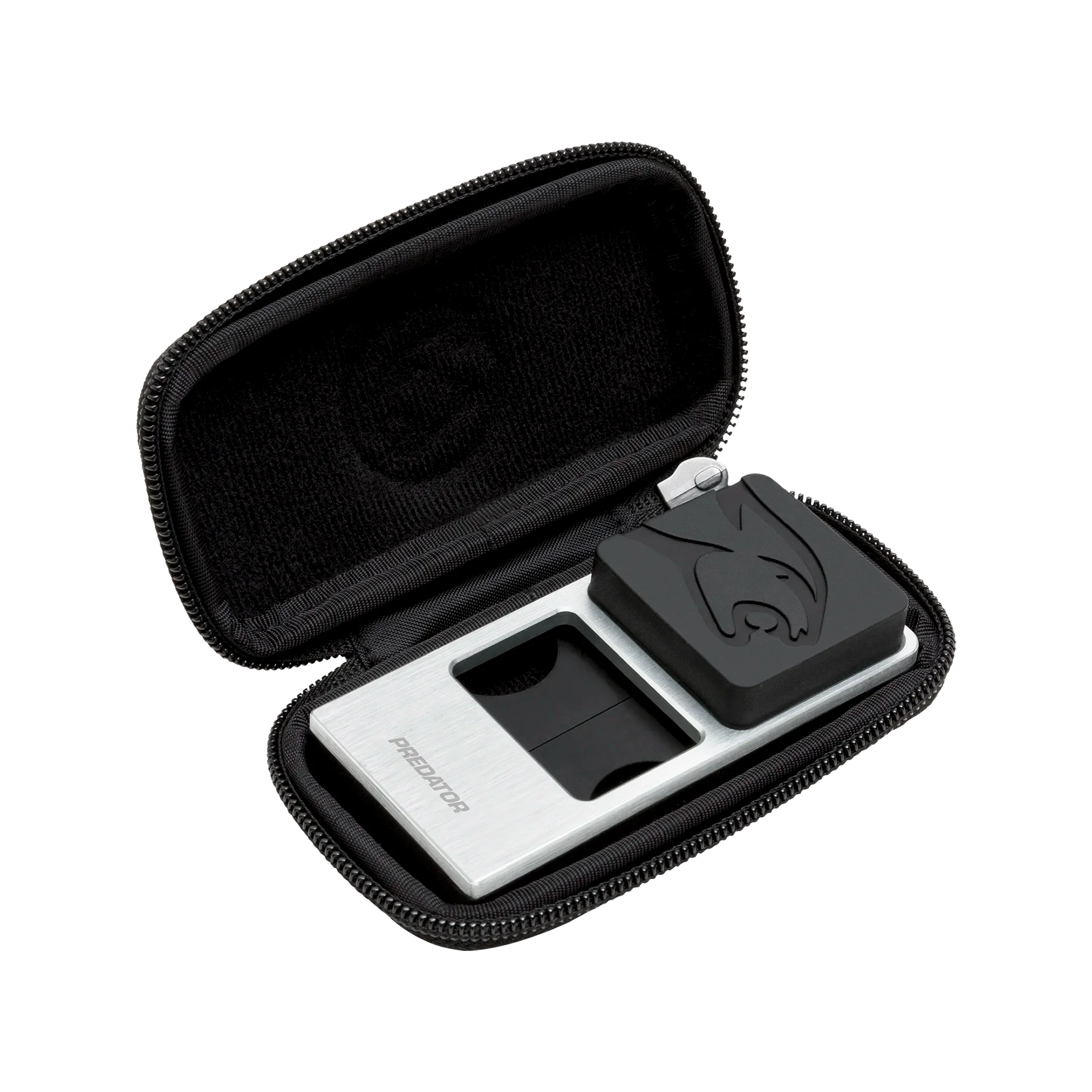 Black and silver rectangular pool cue holder inside black rectangular zippered case.
