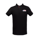 Black collared polo with United States flag Predator logo against a white background.
