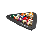 Triangular black pool ball rack with billiard balls