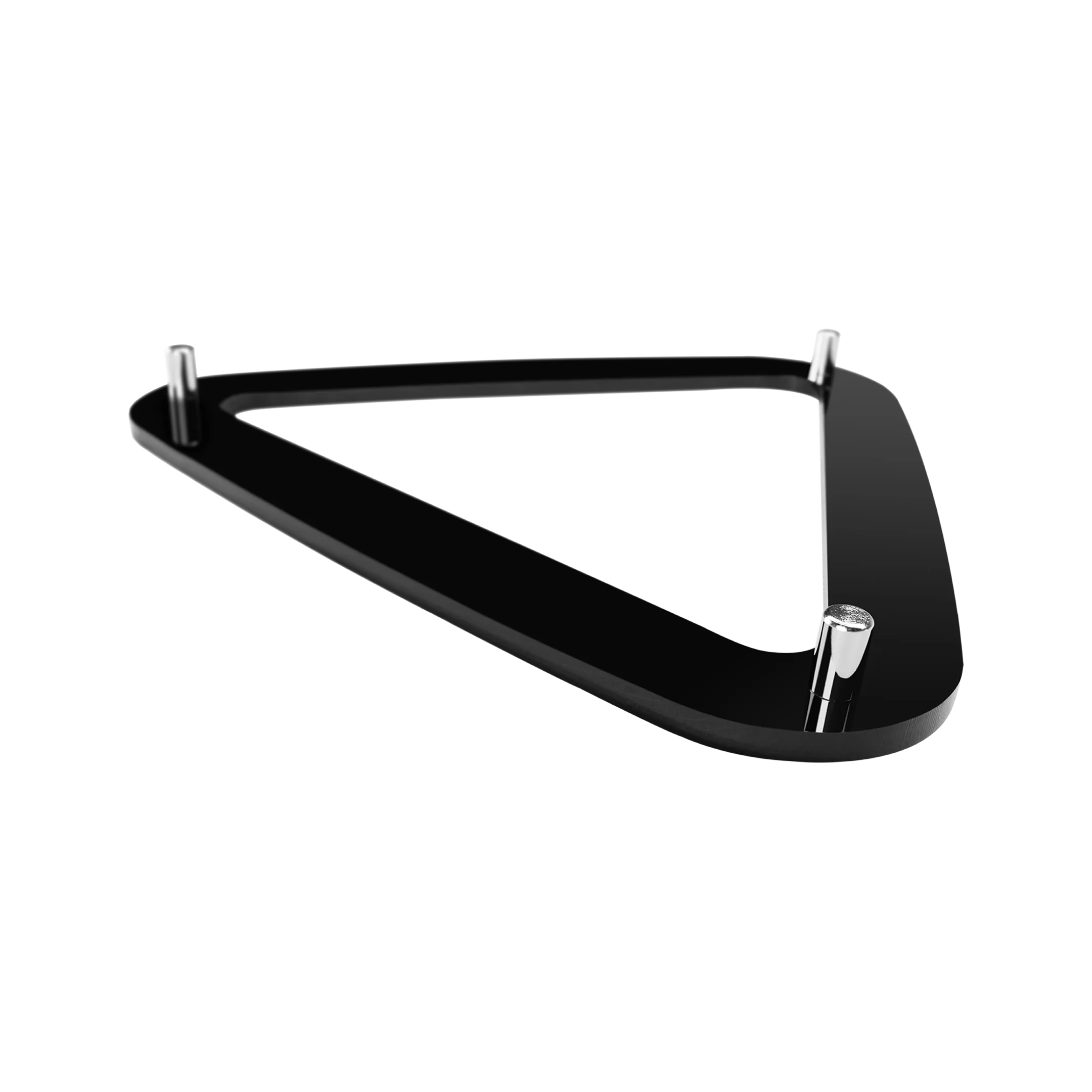 Black triangular pool ball rack with metal pegs