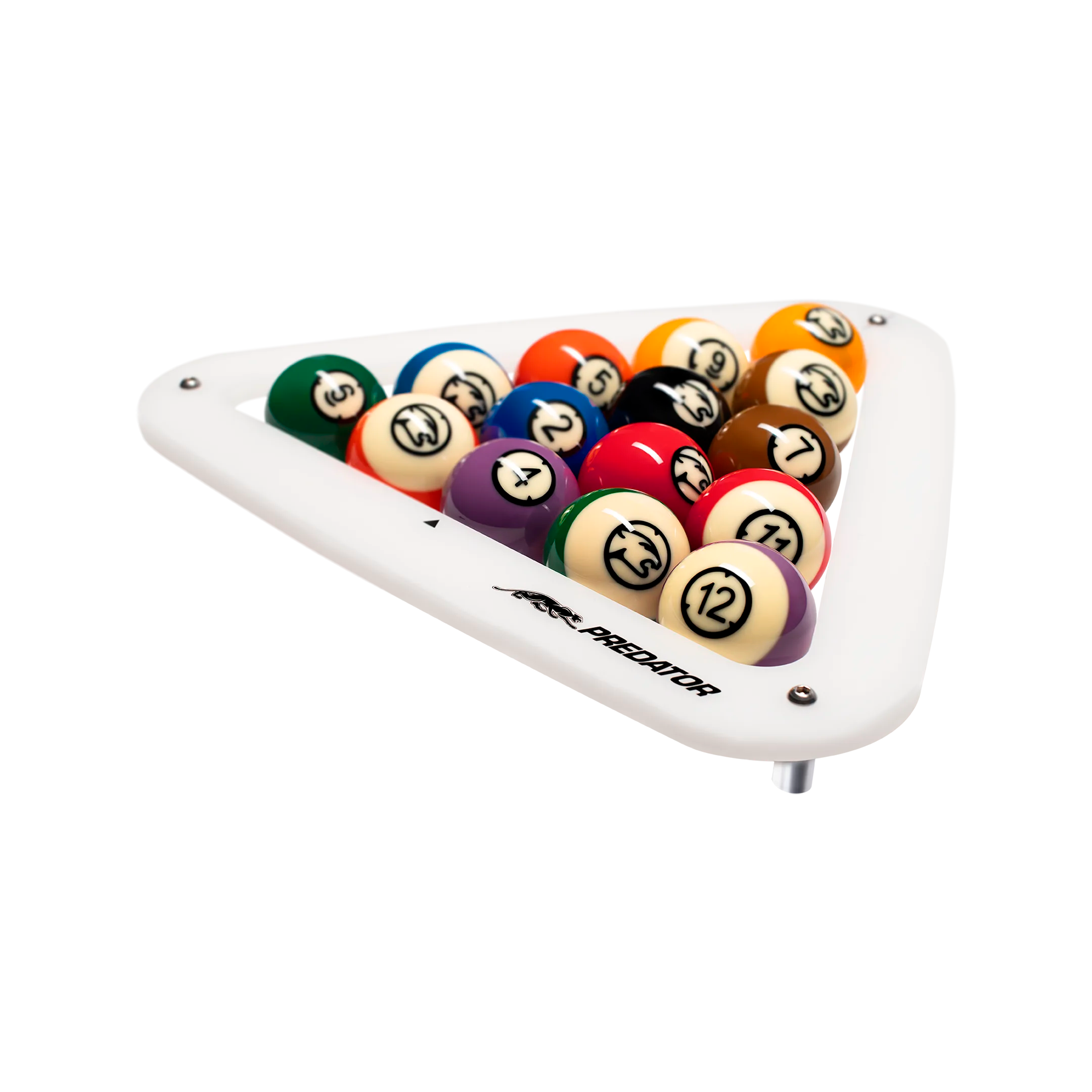 Set of pool balls in a white triangle rack