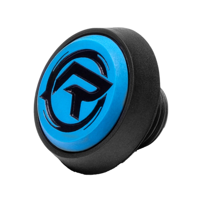 Black circular pool cue bumper with circular blue R 