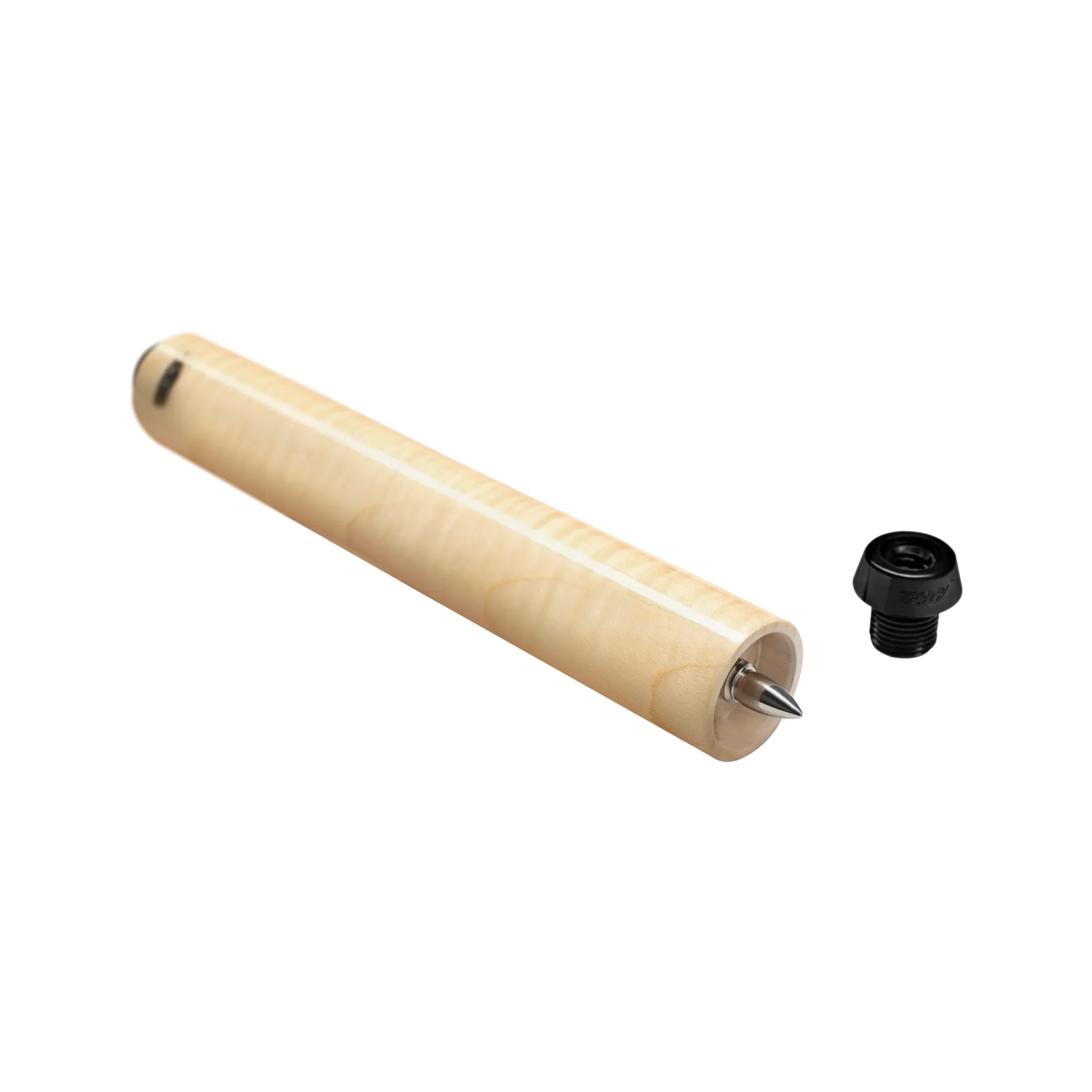 Pale wood cylindrical pool cue extension with black screw-in pool cue bumper. 