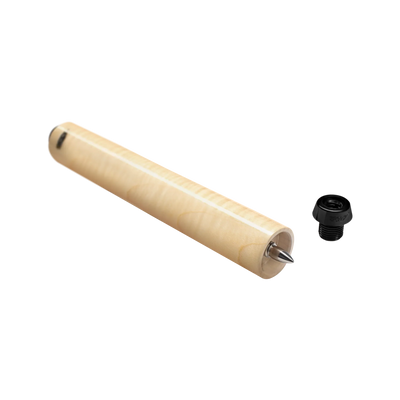 Pale wood cylindrical pool cue extension with black screw-in pool cue bumper. 