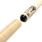 Light brown cylindrical pool cue extension posed next to pool cue butt.