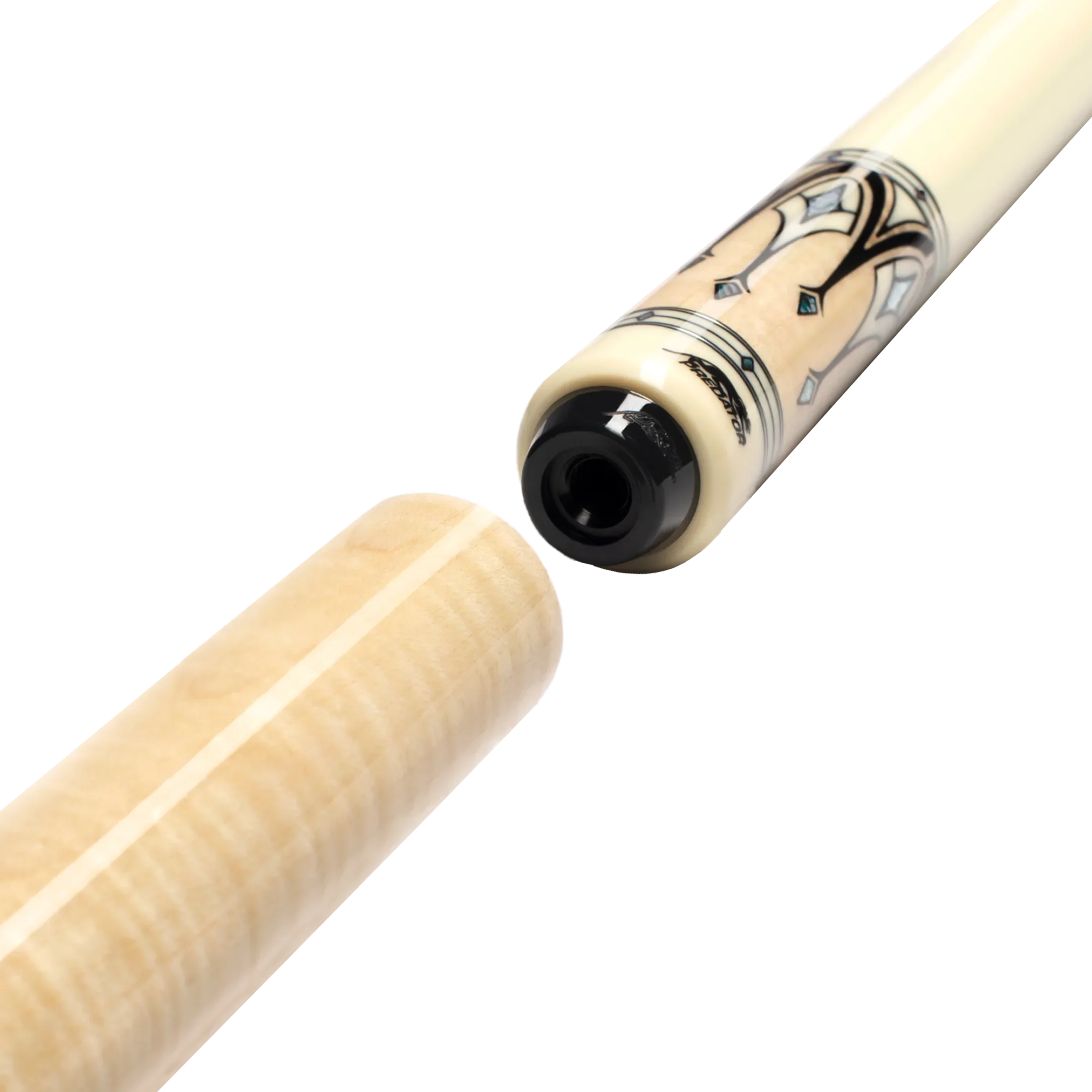 Light brown cylindrical pool cue extension posed next to pool cue butt.